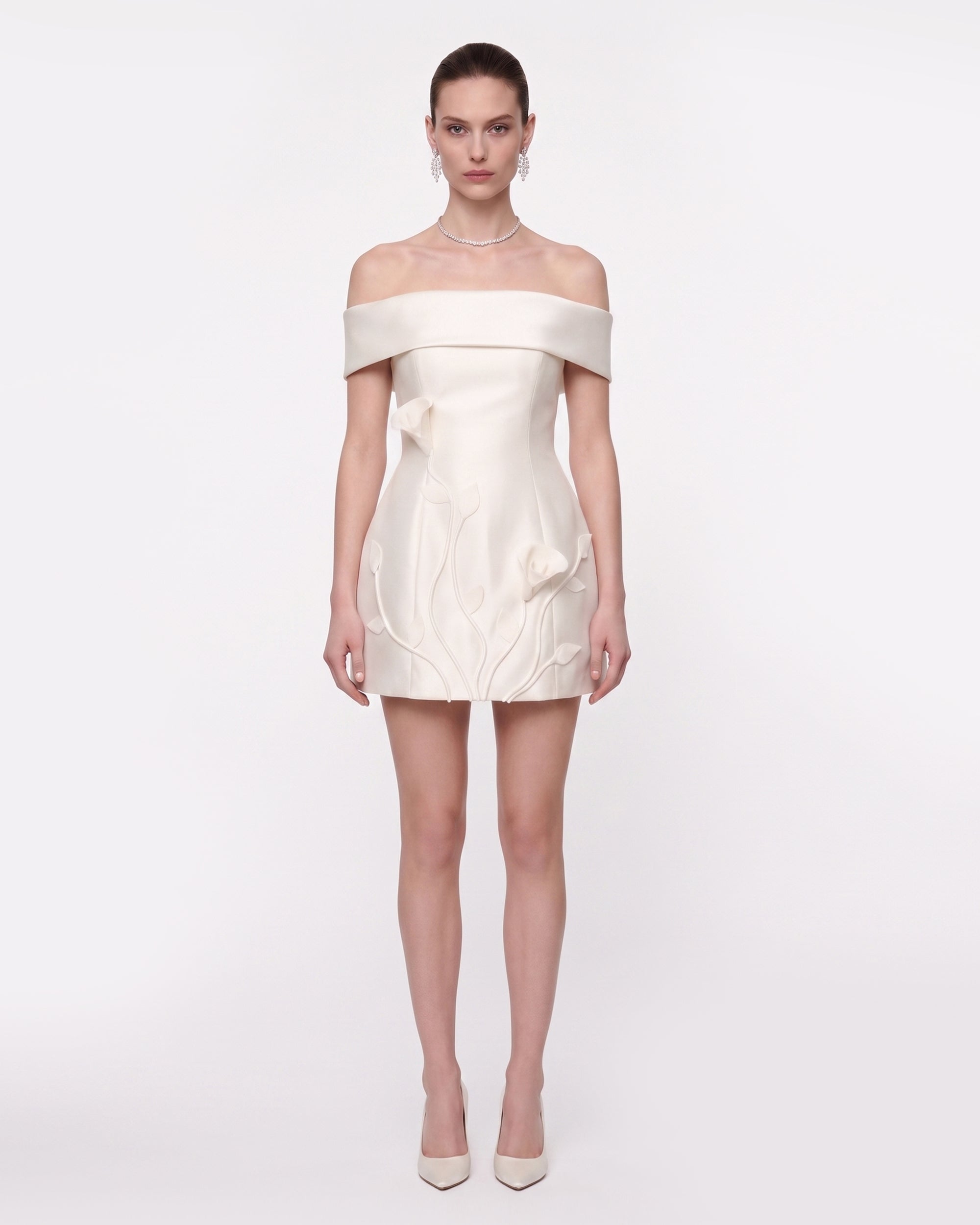 Floral Appliqué Off-Shoulder Mini Dress - White