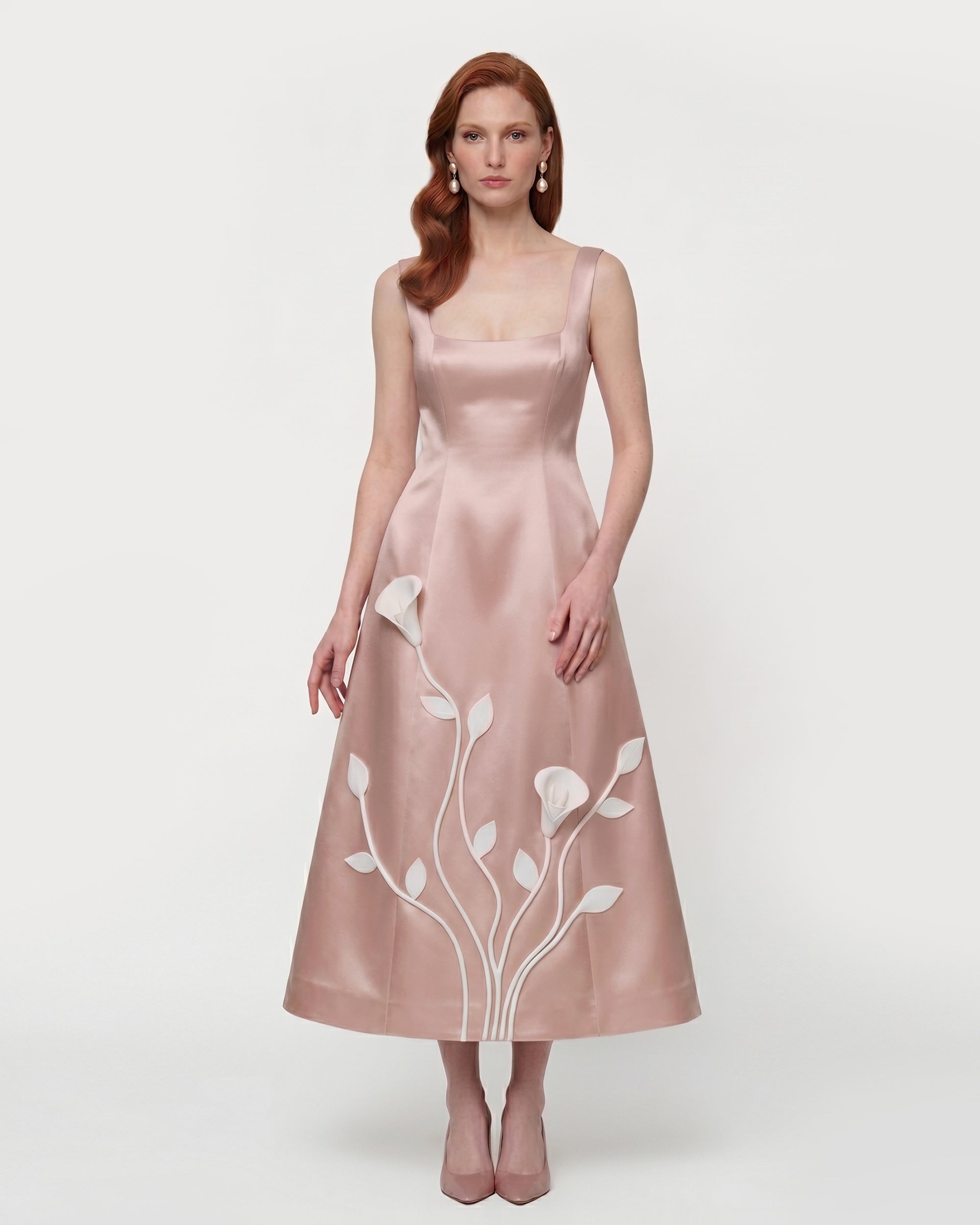 Floral Appliqué Square Neck Midi Dress - Blush Pink