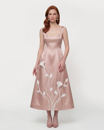Floral Appliqué Square Neck Midi Dress - Blush Pink