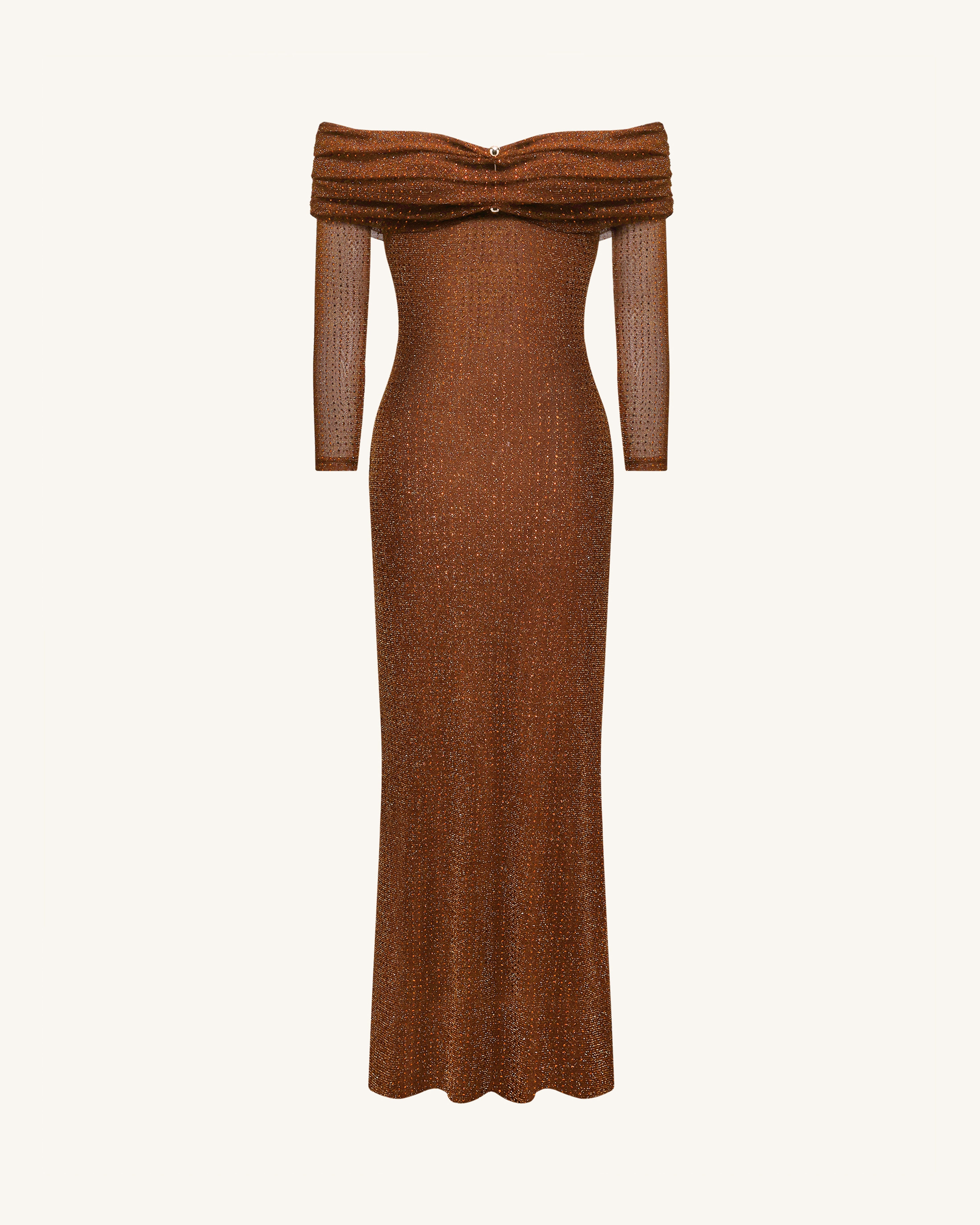 Rhinestone Mesh Off-Shoulder Maxi Dress - Brown