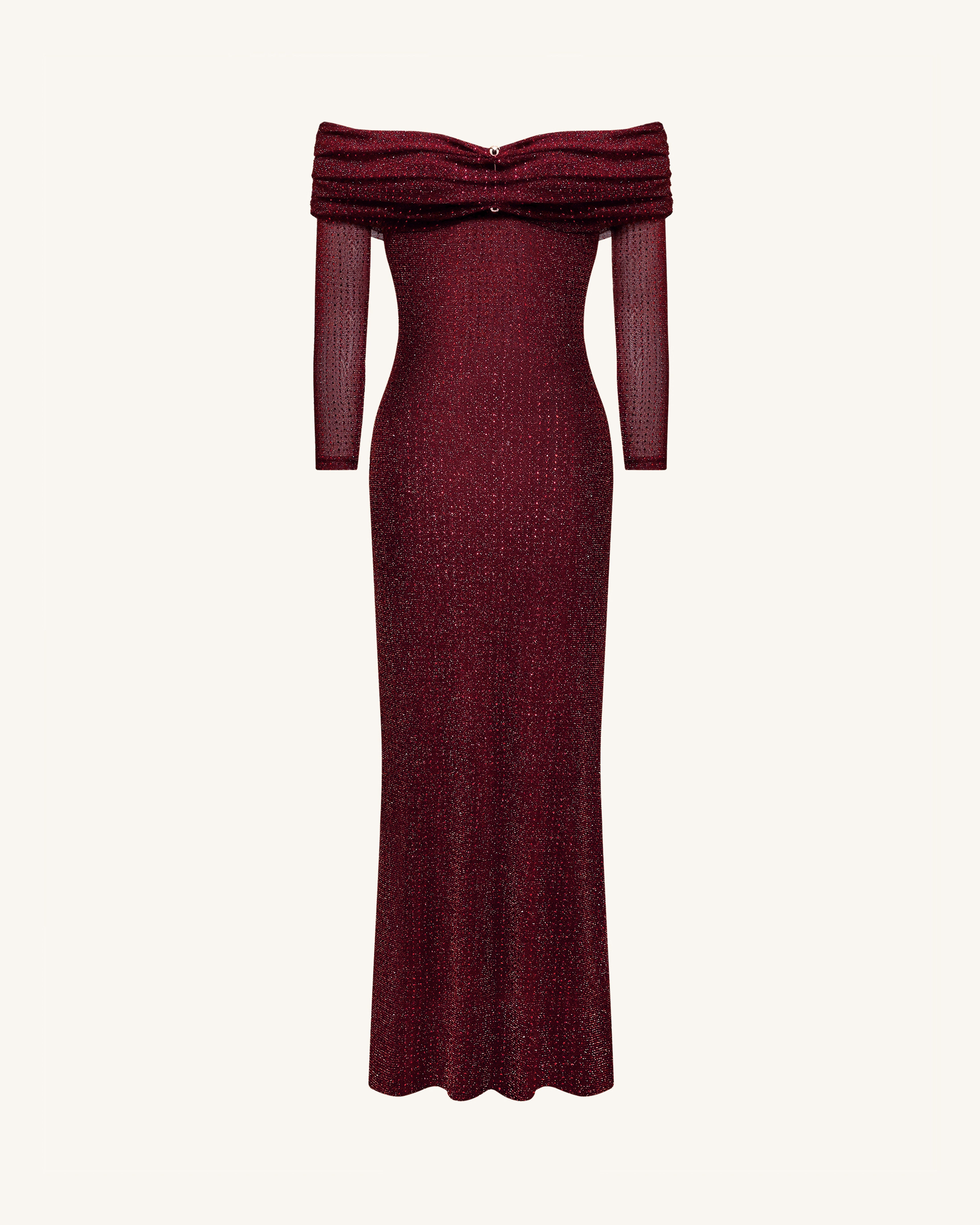 Rhinestone Mesh Off-Shoulder Maxi Dress - Claret