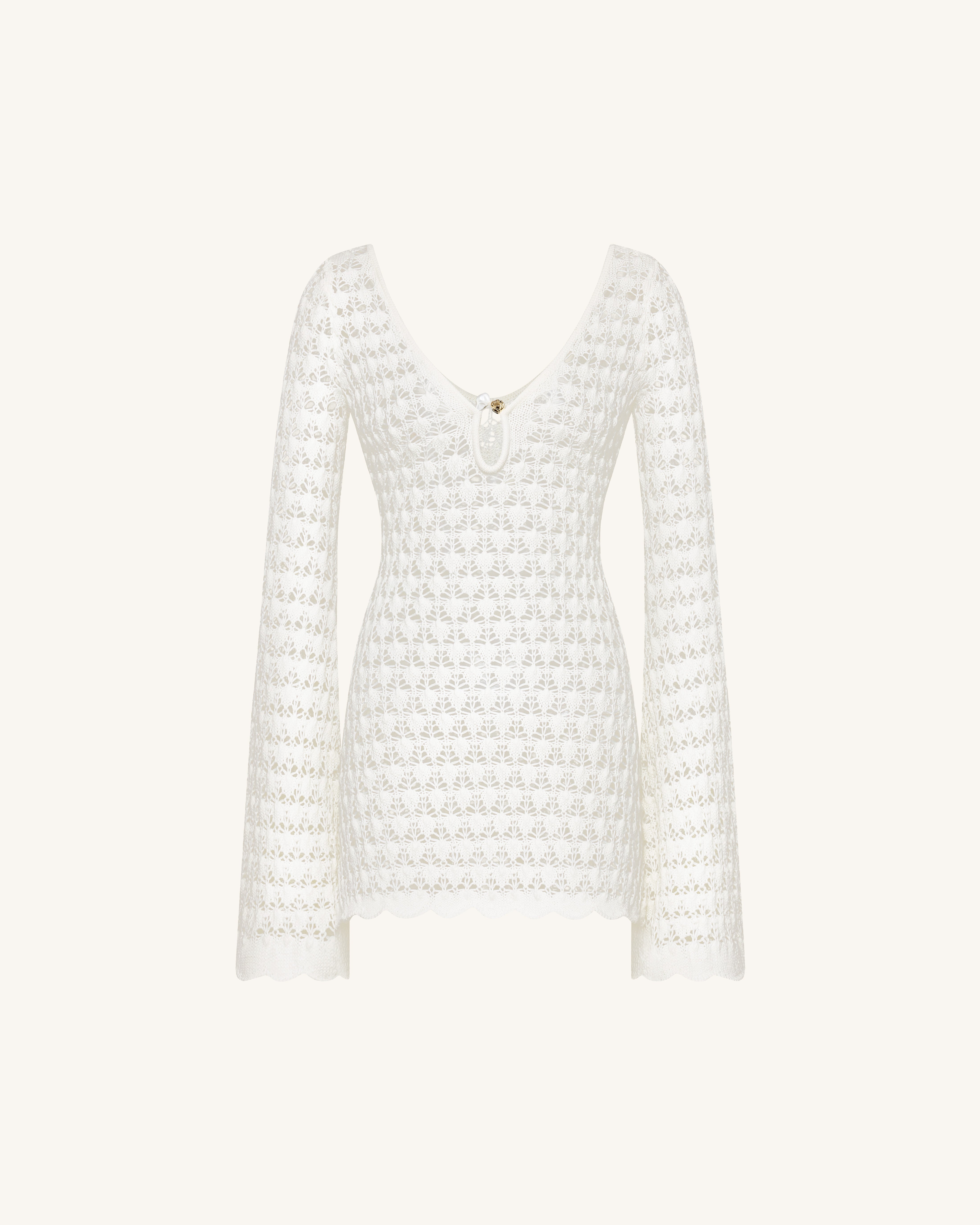 Pointelle Knit Keyhole Mini Dress - White