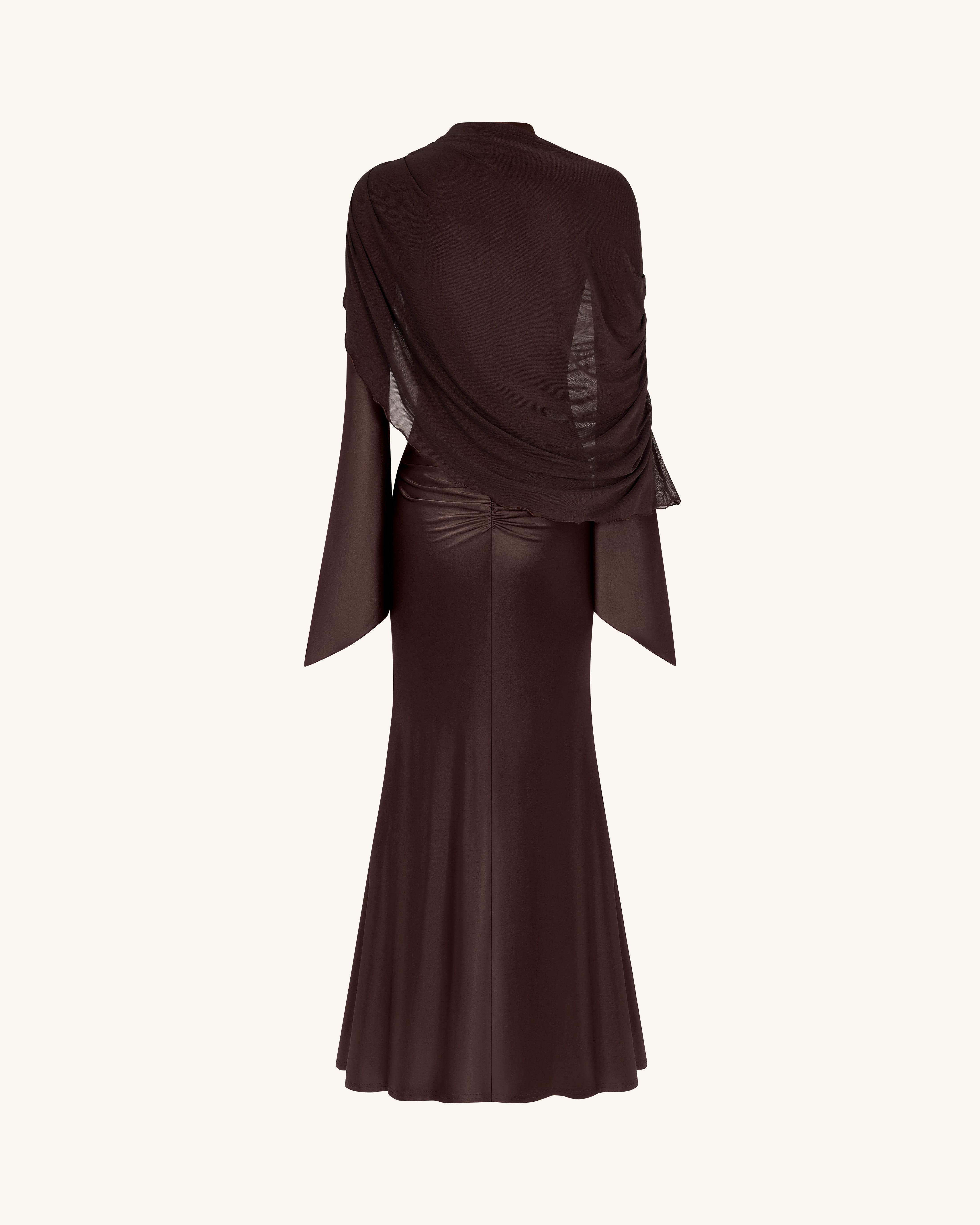 Sheer Shawl Ruched Bodycon Maxi Gown - Brown