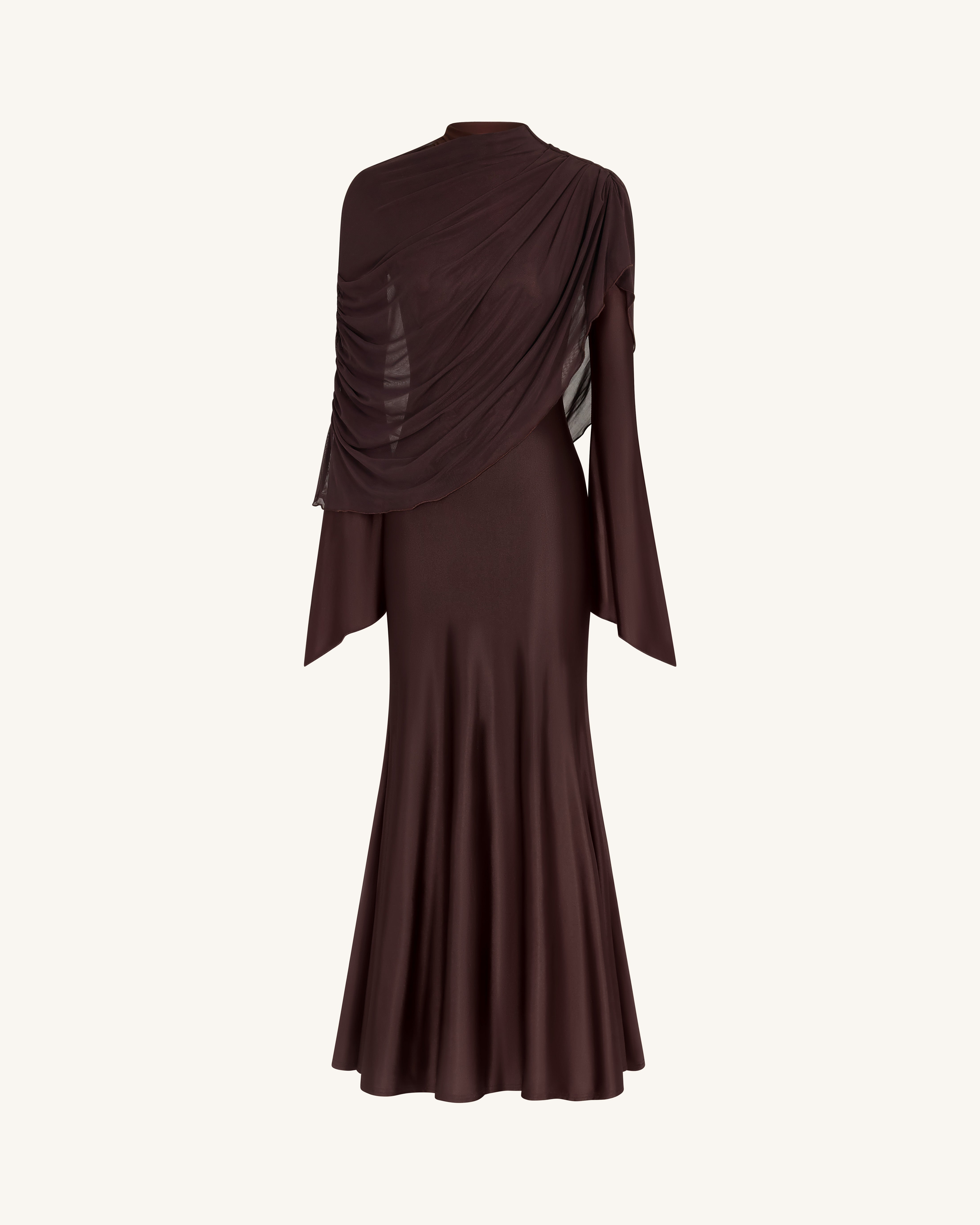 Sheer Shawl Ruched Bodycon Maxi Gown - Brown