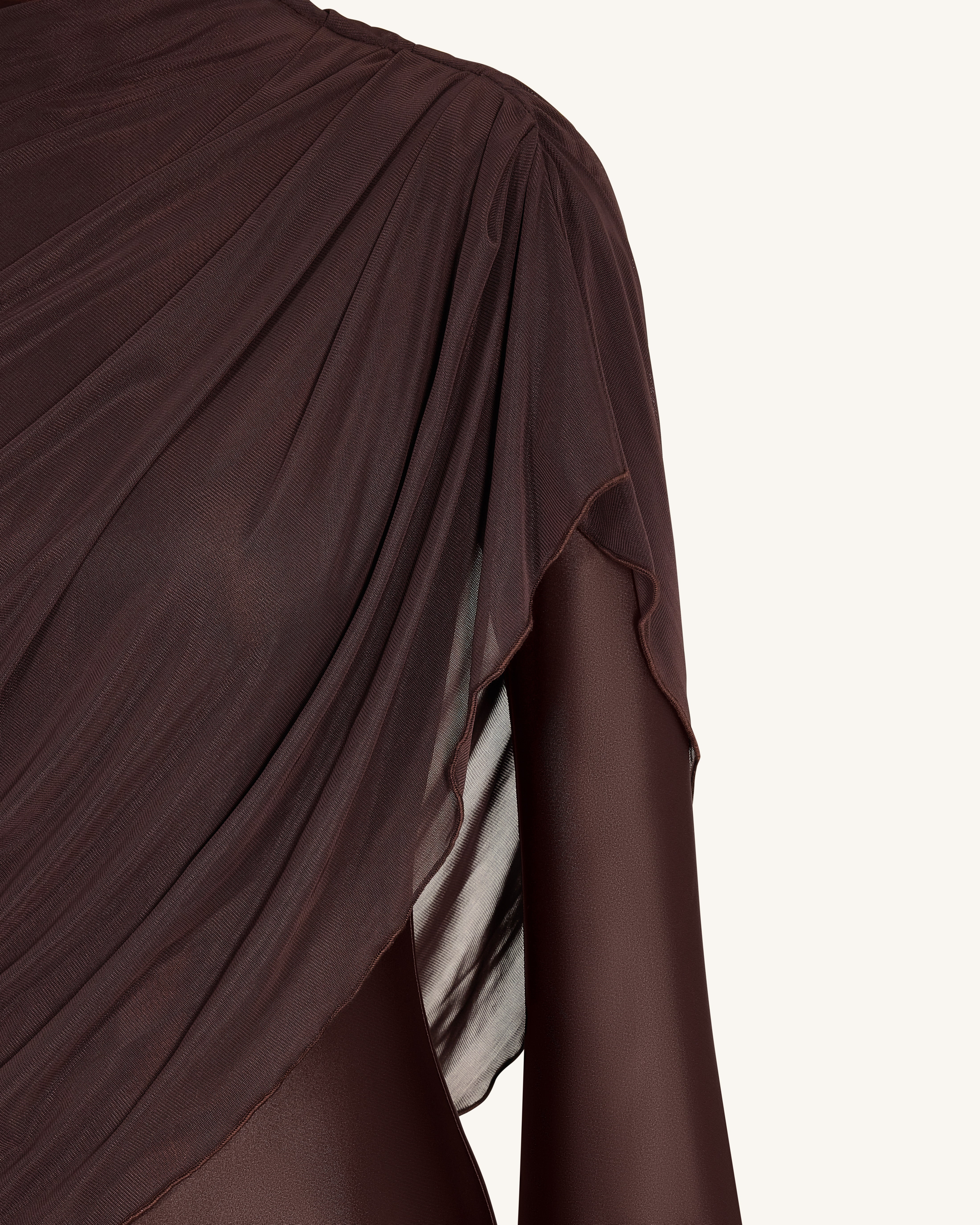 Sheer Shawl Ruched Bodycon Maxi Gown - Brown