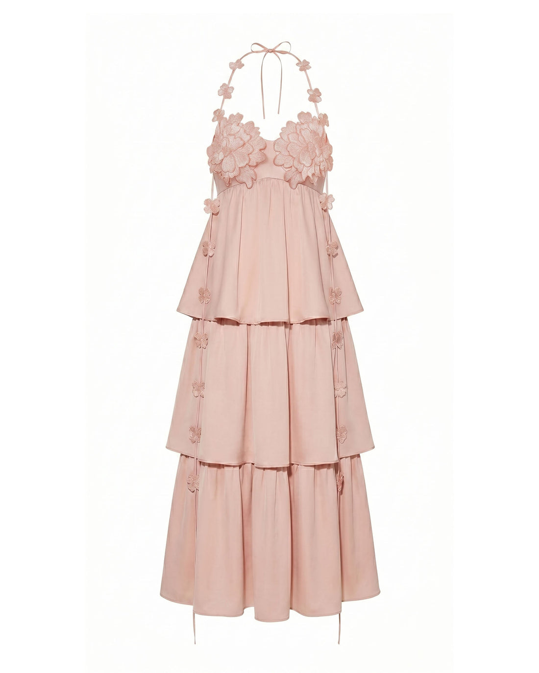 Floral Embellished Tiered Halter Maxl Dress - Blush Pink