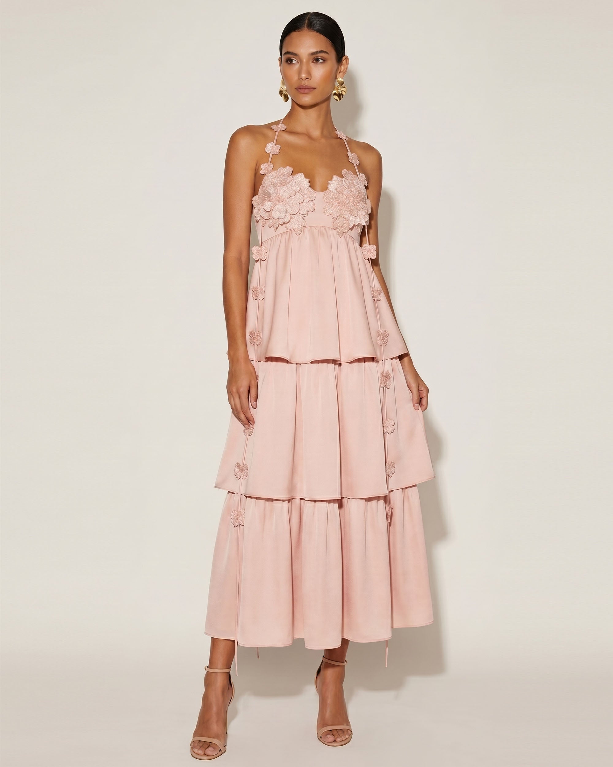 Floral Embellished Tiered Halter Maxl Dress - Blush Pink