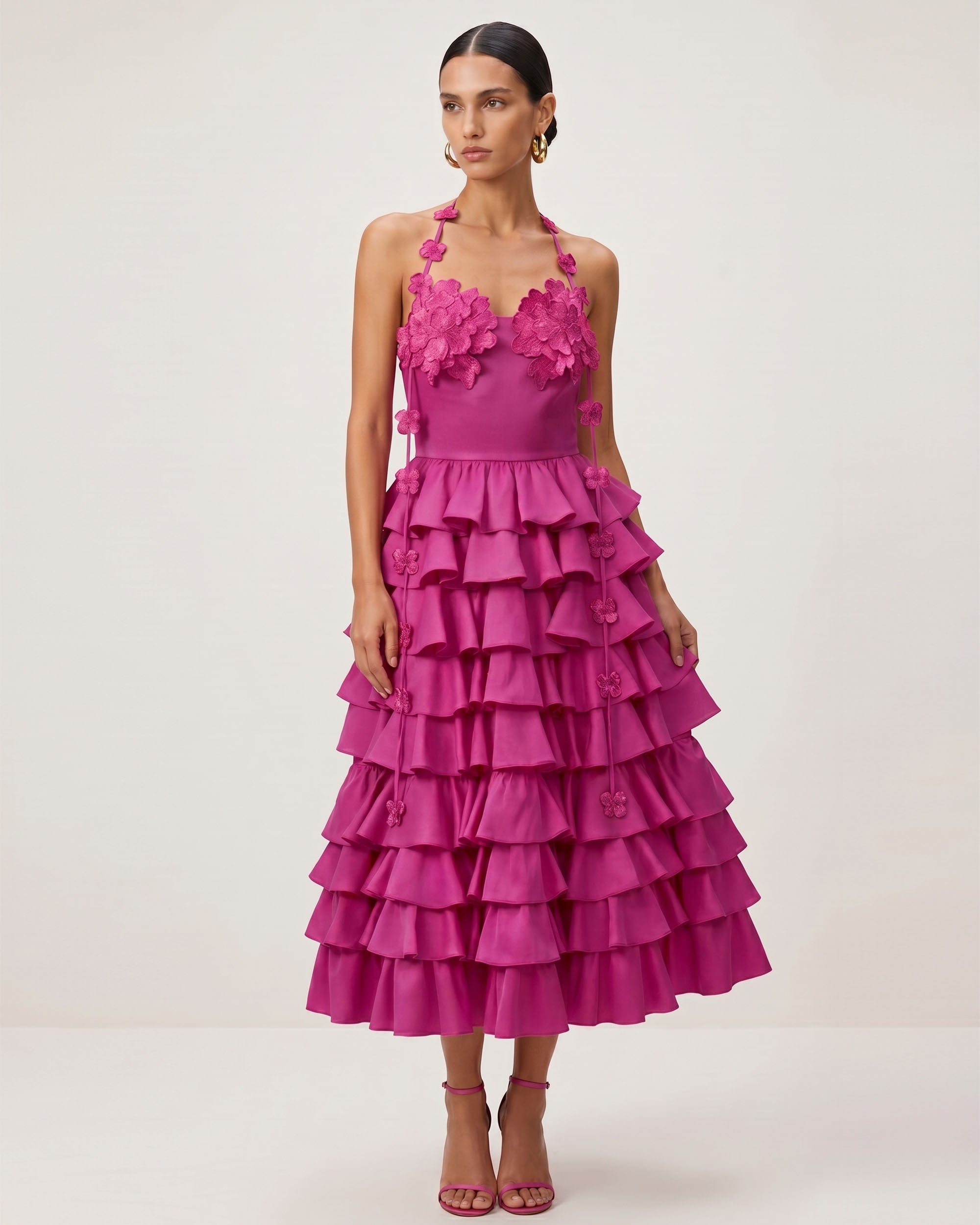 Floral Embellished Tiered Halter Maxi Dress - Fuchsia
