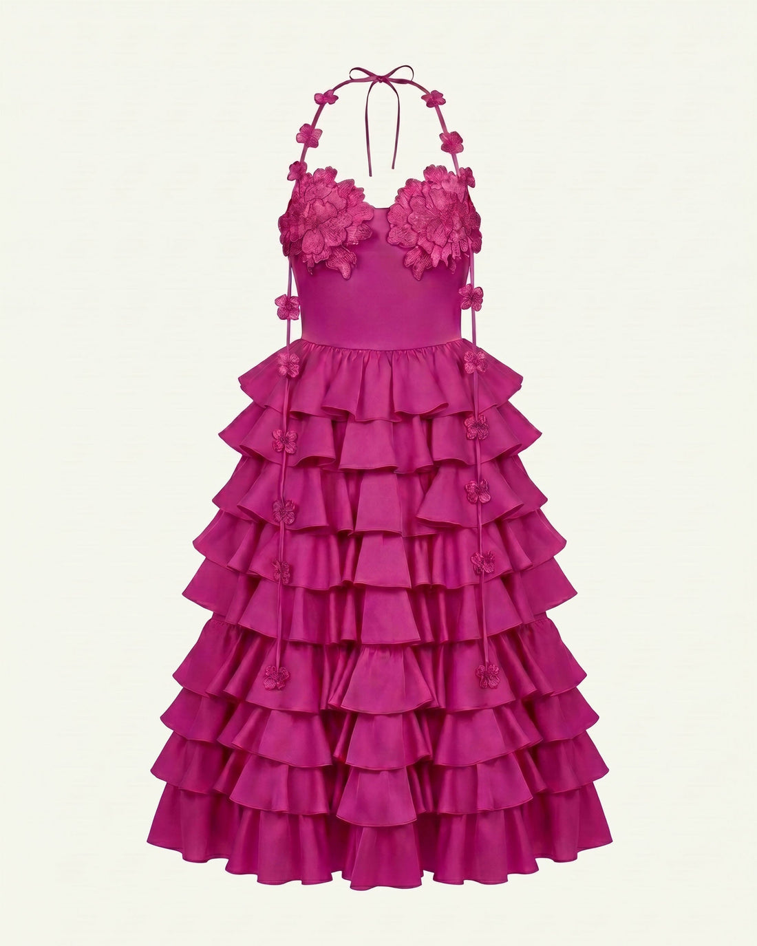 Floral Embellished Tiered Halter Maxi Dress - Fuchsia