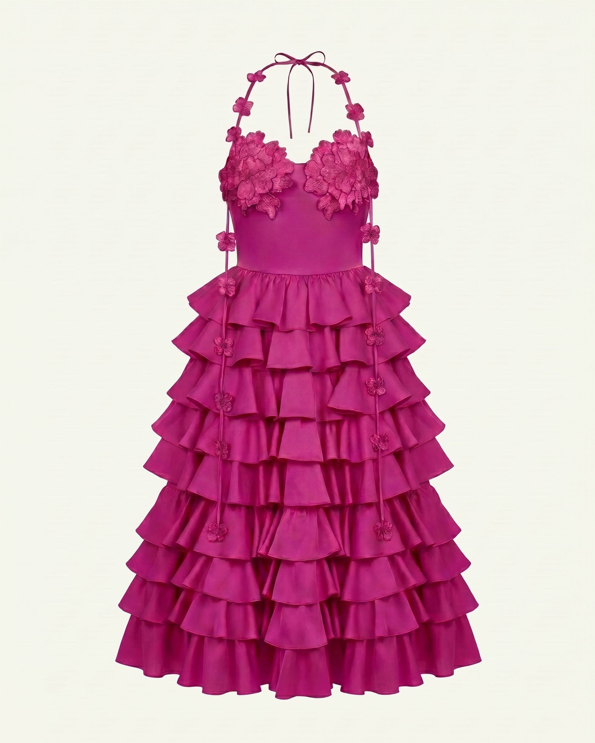 Floral Embellished Tiered Halter Maxi Dress - Fuchsia