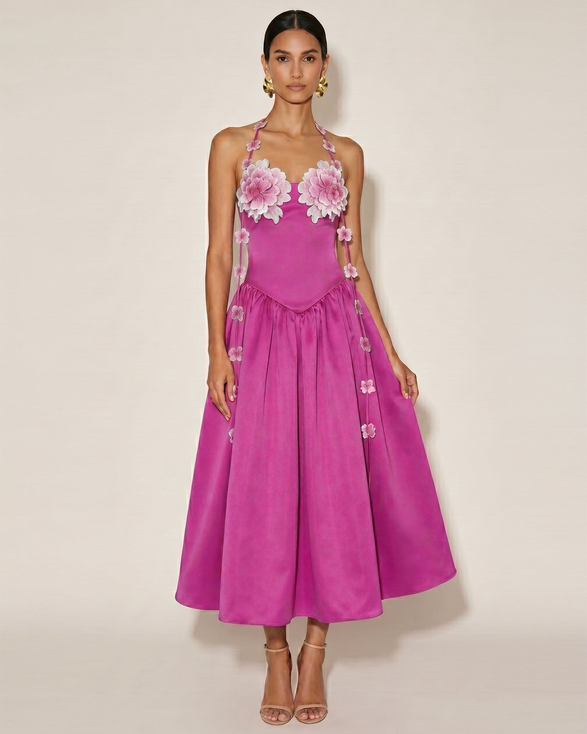 Floral Embellished Halter Maxi Dress - Fuchsia