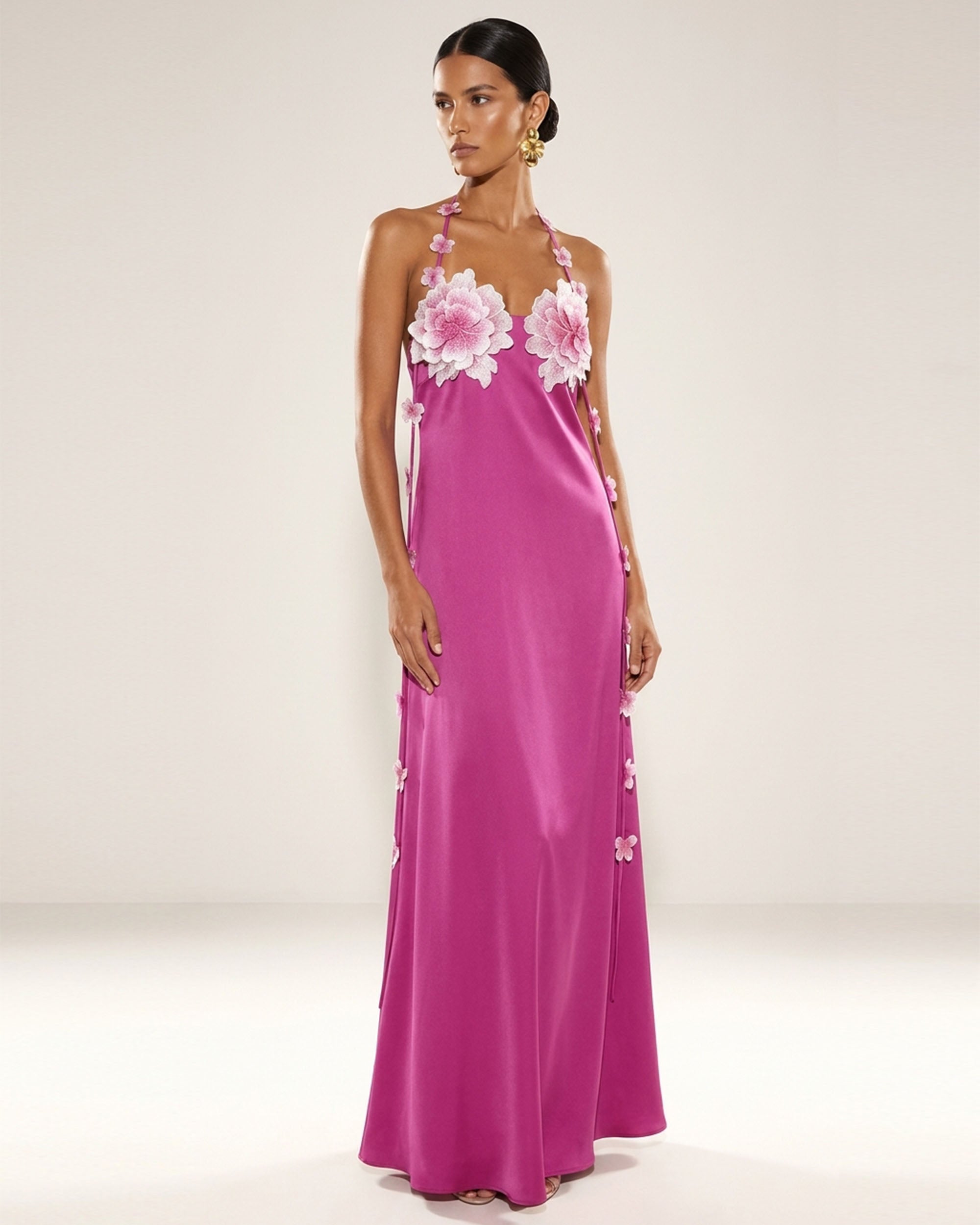 Floral Embellished Halter Slip Maxi Dress - Fuchsia