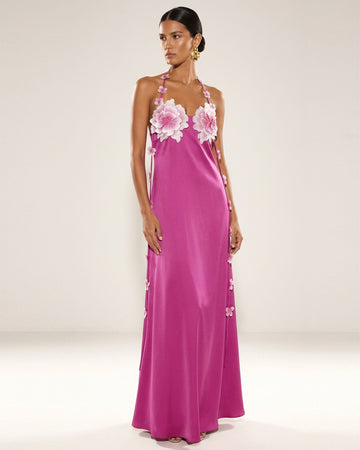 Floral Embellished Halter Slip Maxi Dress - Fuchsia
