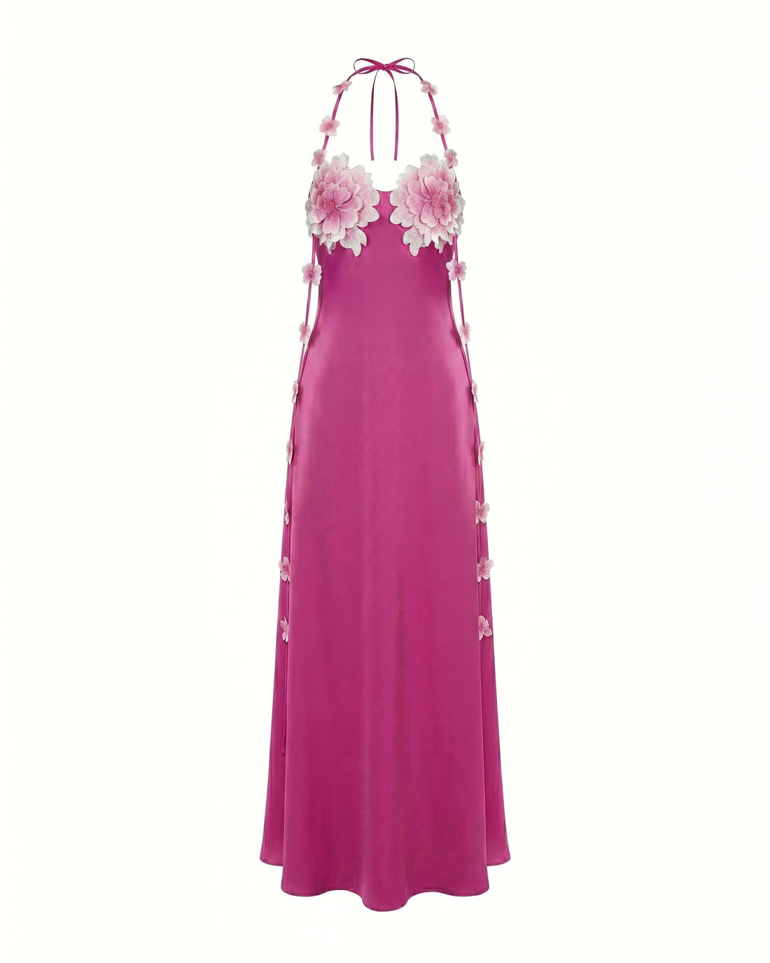 Floral Embellished Halter Slip Maxi Dress - Fuchsia