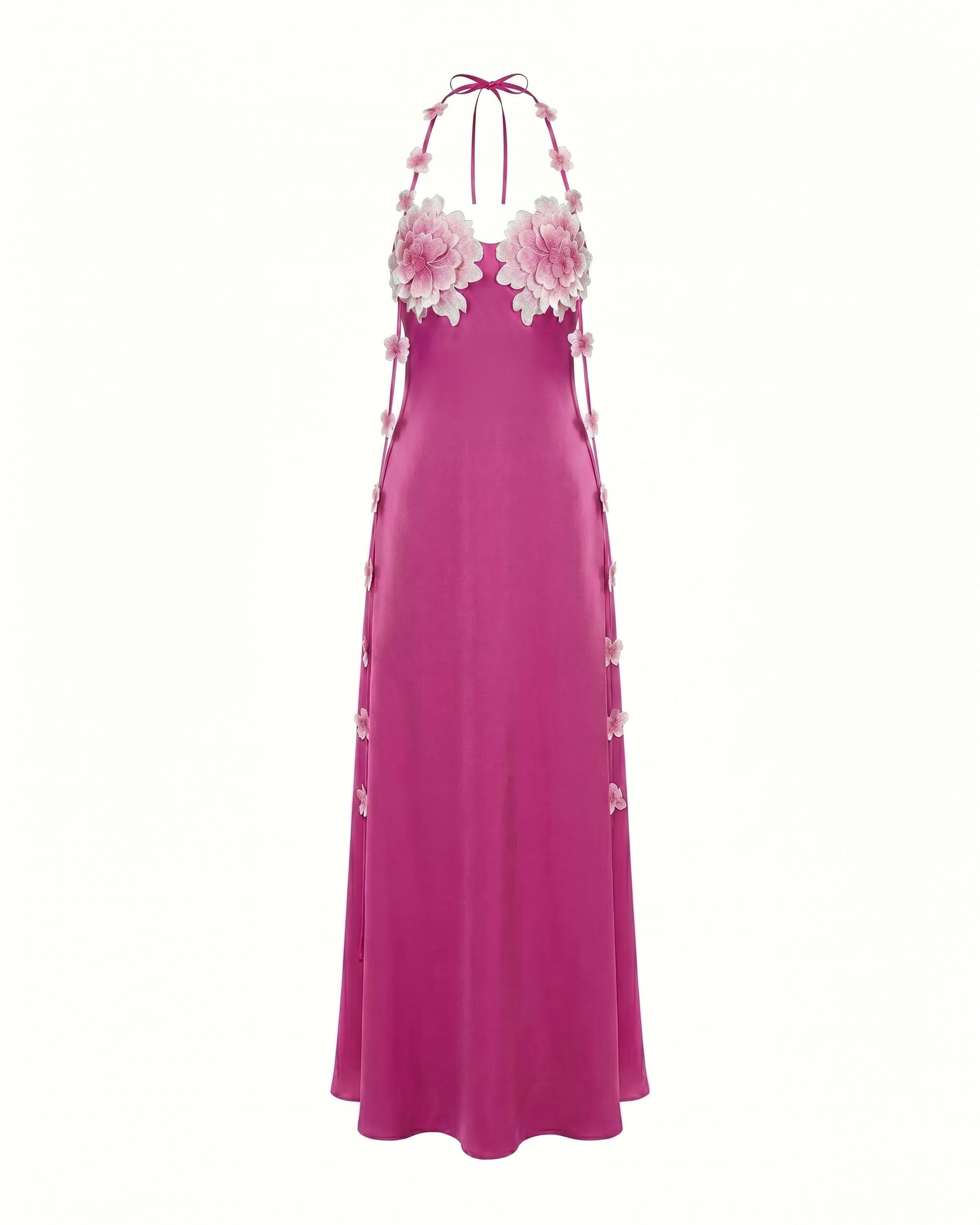 Floral Embellished Halter Slip Maxi Dress - Fuchsia
