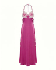 Floral Embellished Halter Slip Maxi Dress - Fuchsia