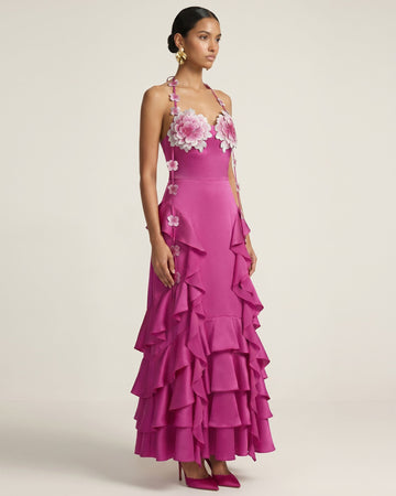 Floral Embellished Ruffle Halter Maxi Dress - Fuchsia
