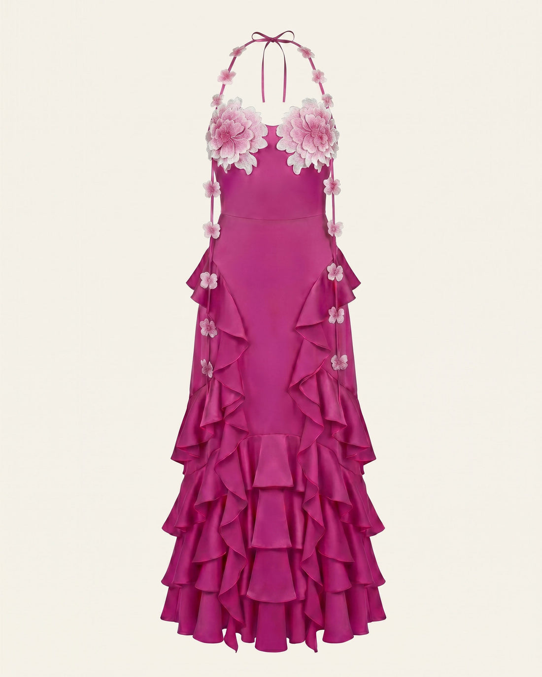 Floral Embellished Ruffle Halter Maxi Dress - Fuchsia