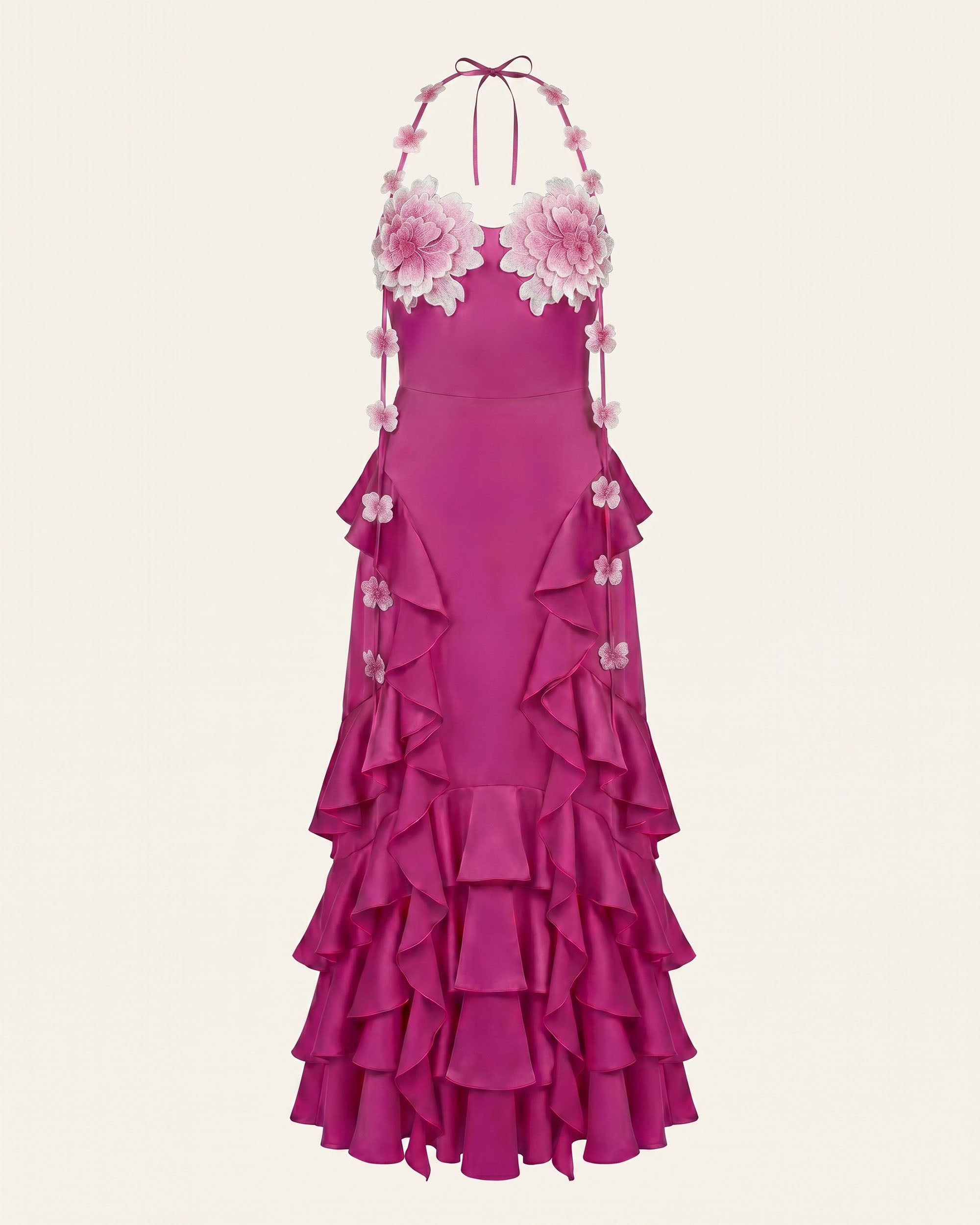 Floral Embellished Ruffle Halter Maxi Dress - Fuchsia