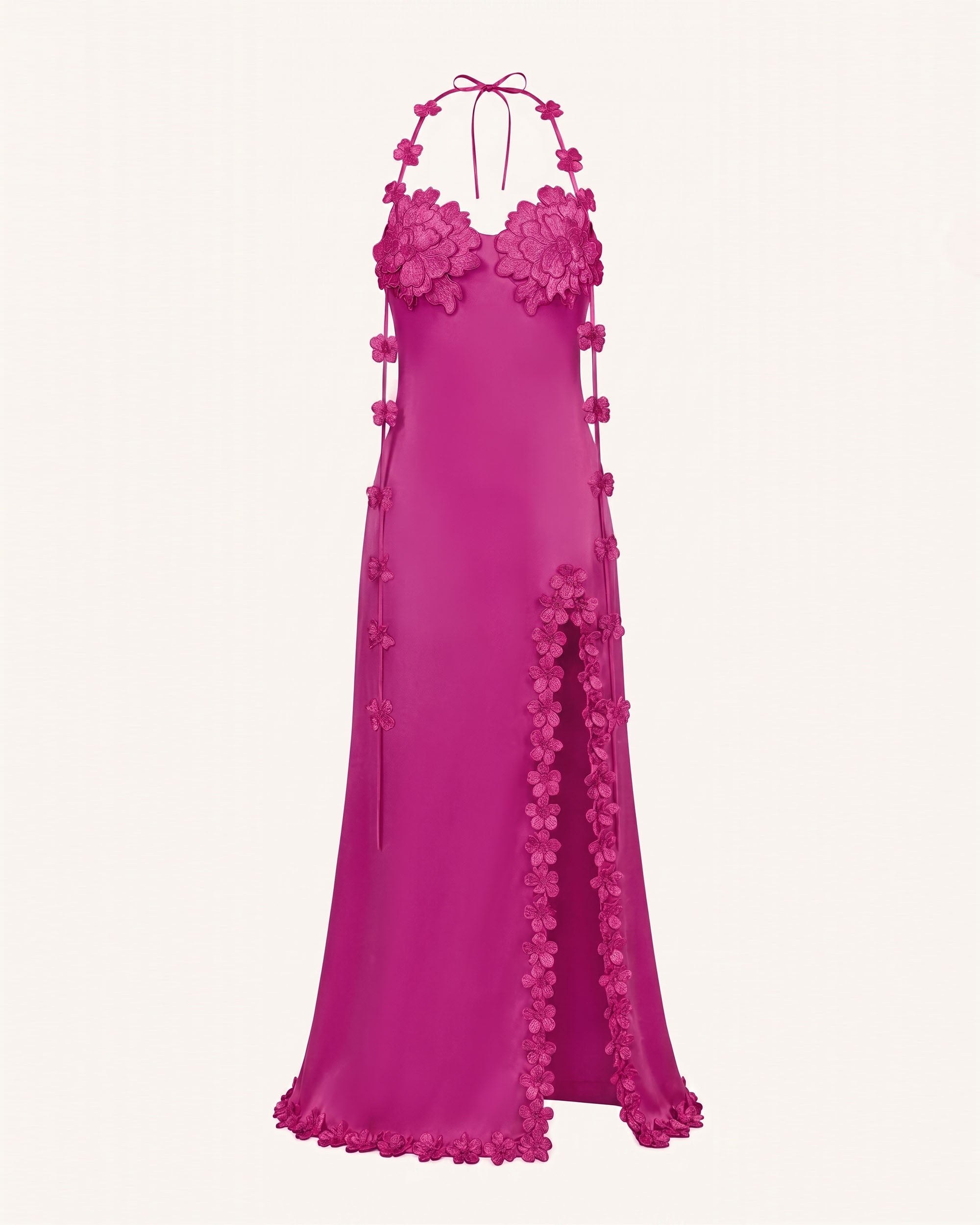 Floral Embellished Slit Maxi Dress - Fuchsia