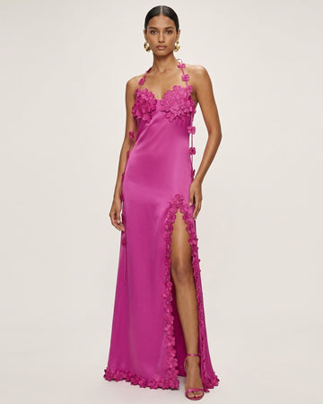 Floral Embellished Slit Maxi Dress - Fuchsia