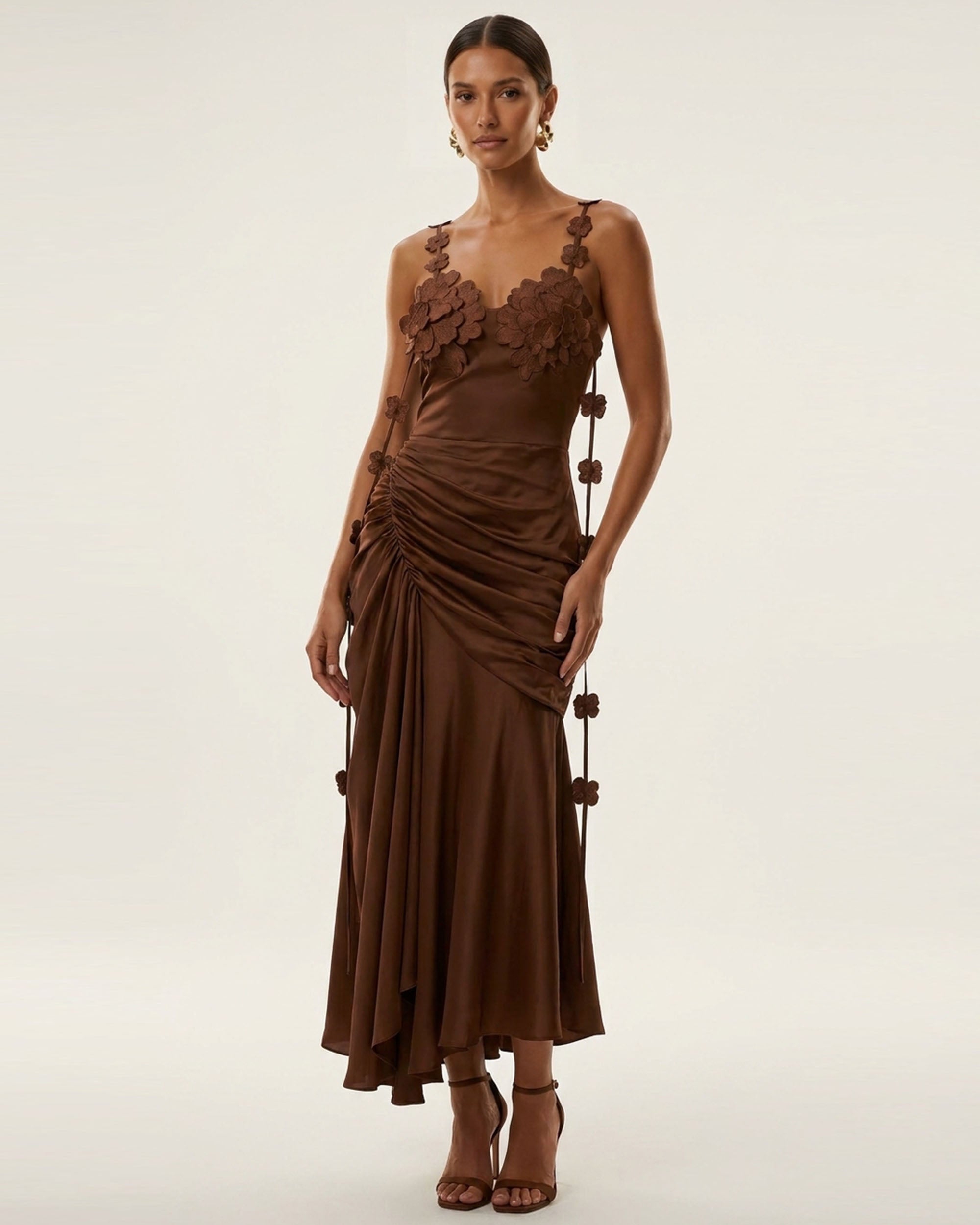 Floral Embellished Ruched Midi Dress - Brown