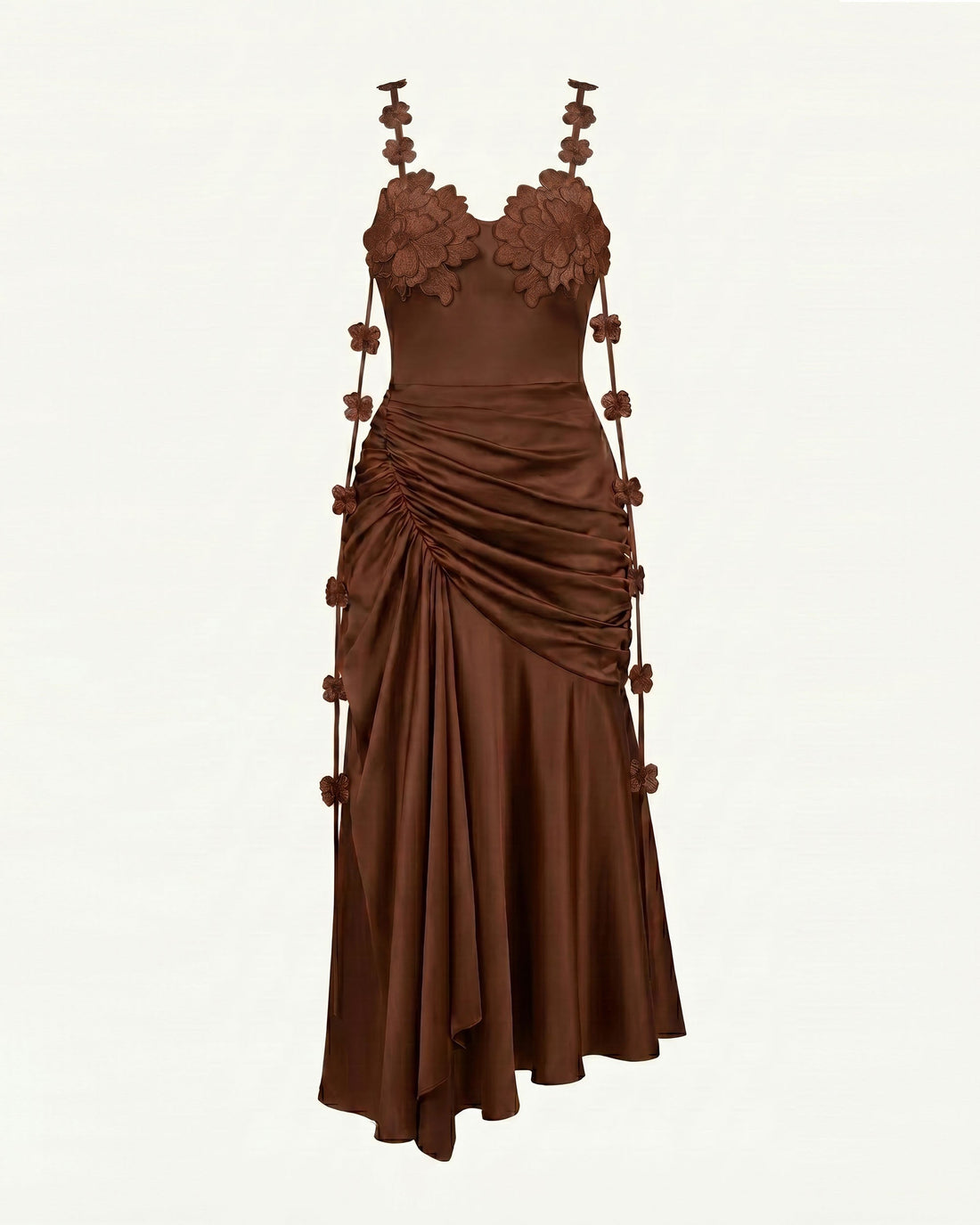 Floral Embellished Ruched Midi Dress - Brown