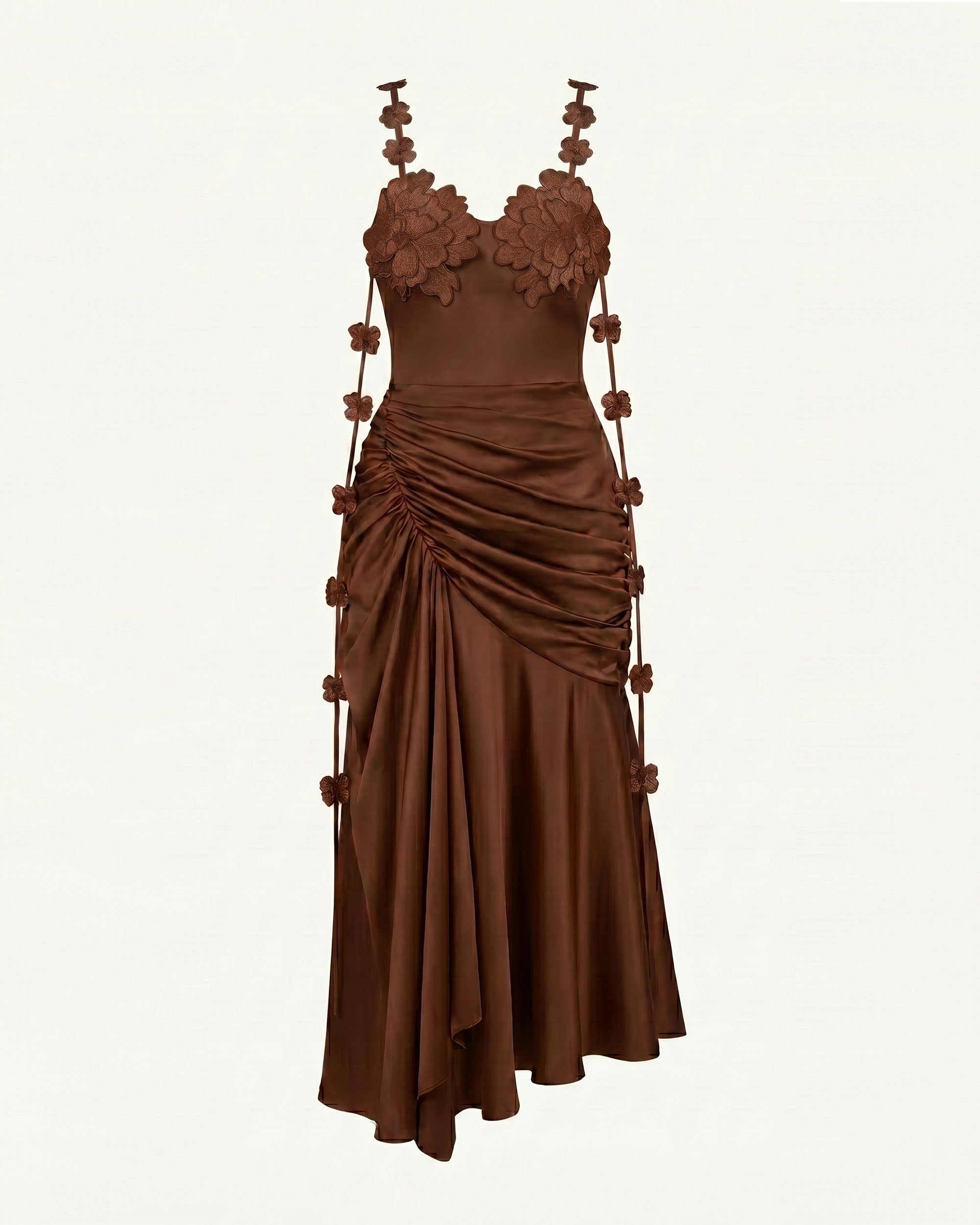 Floral Embellished Ruched Midi Dress - Brown