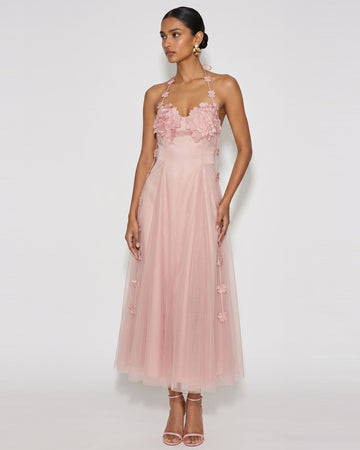 Floral Embellished Halter Tulle Maxi Dress - Blush Pink