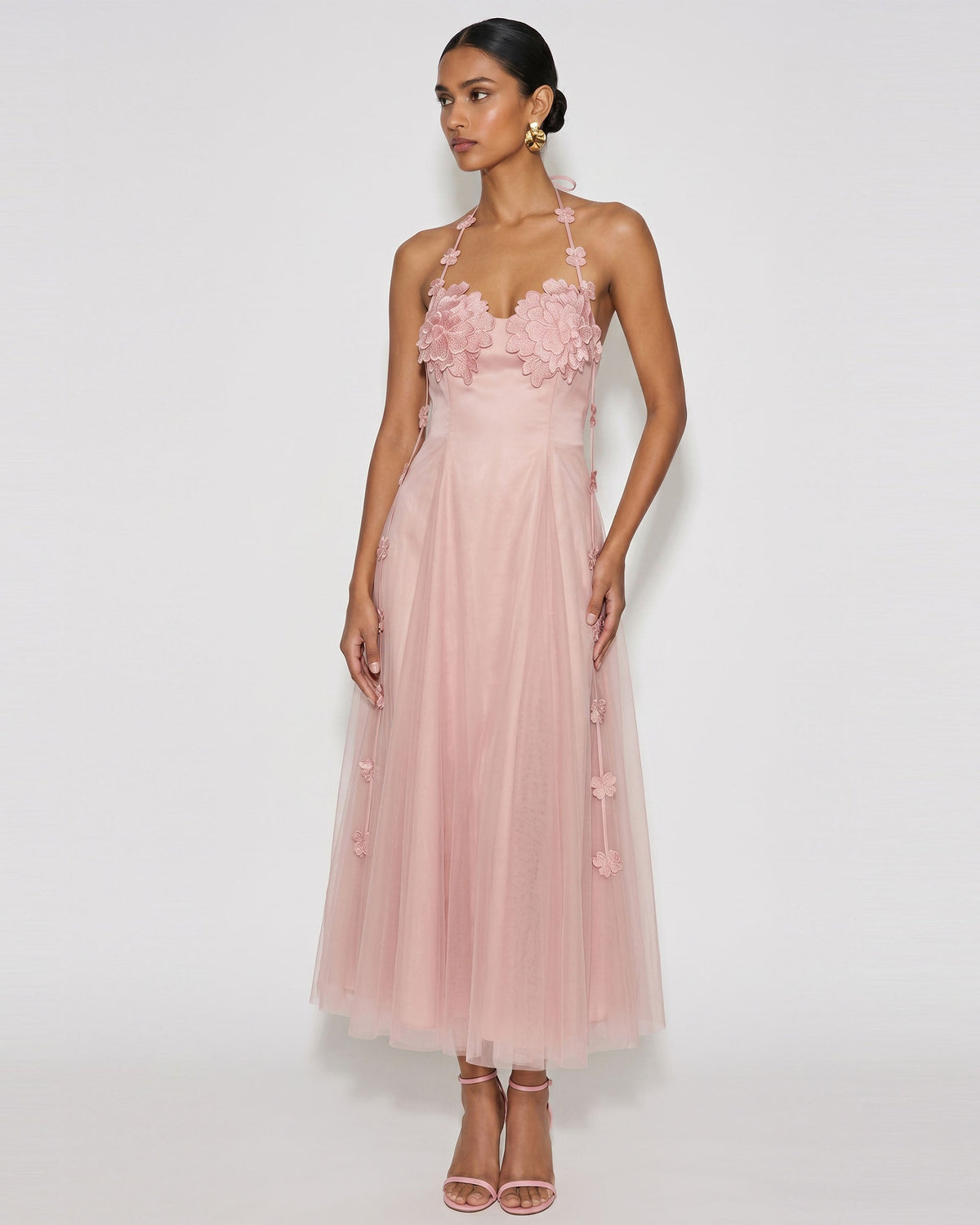 Floral Embellished Halter Tulle Maxi Dress - Blush Pink