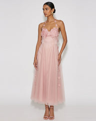 Floral Embellished Halter Tulle Maxi Dress - Blush Pink