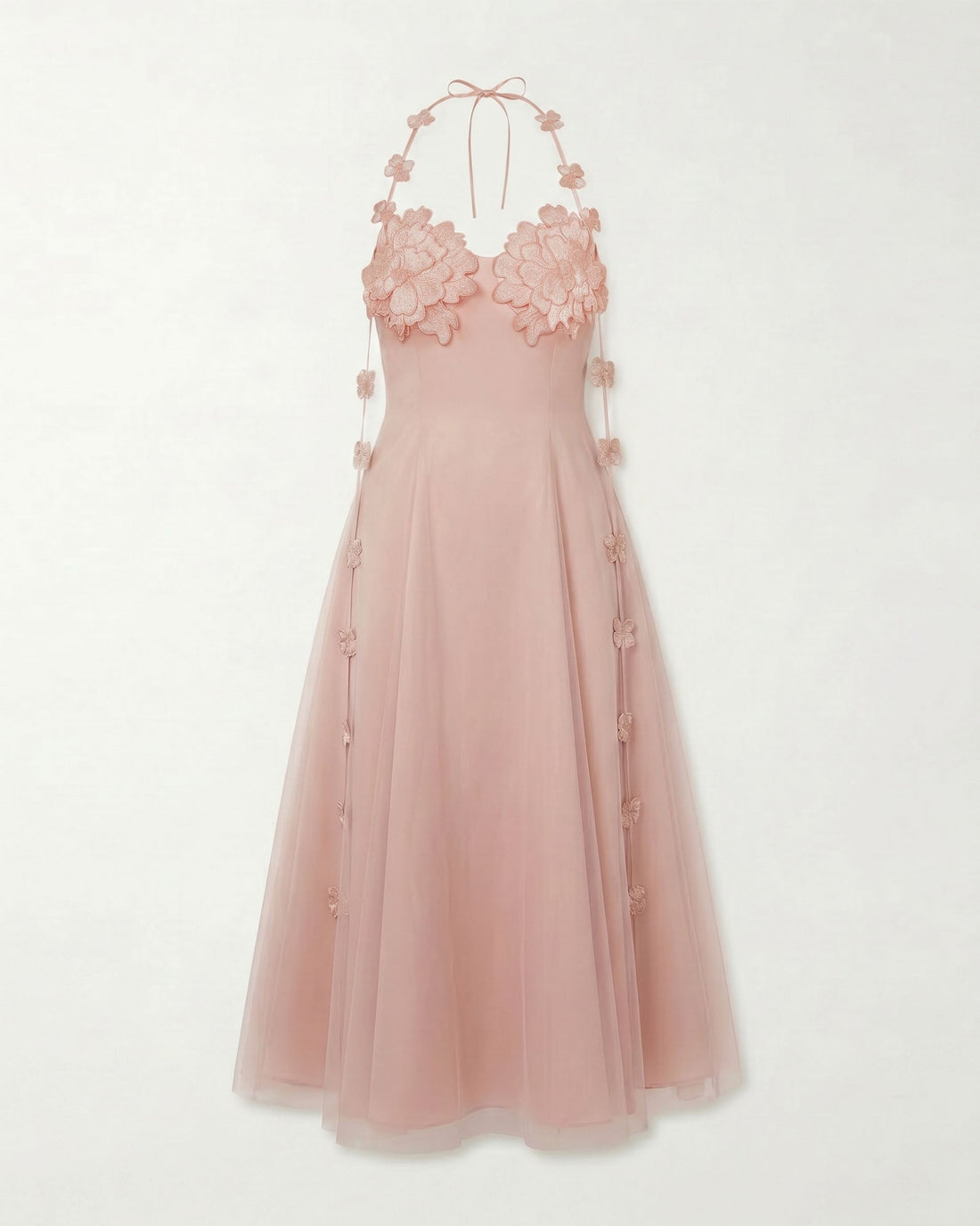 Floral Embellished Halter Tulle Maxi Dress - Blush Pink
