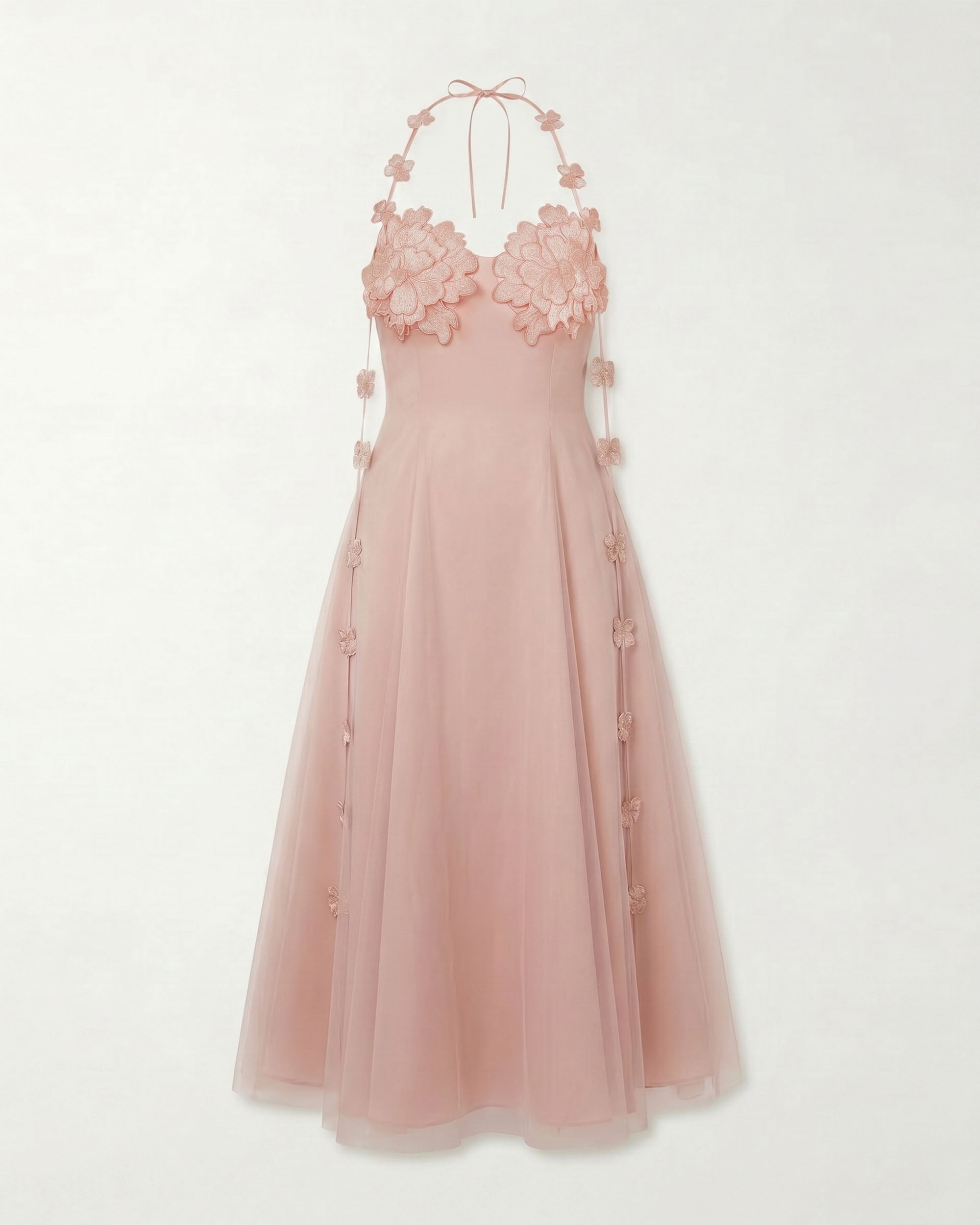 Floral Embellished Halter Tulle Maxi Dress - Blush Pink