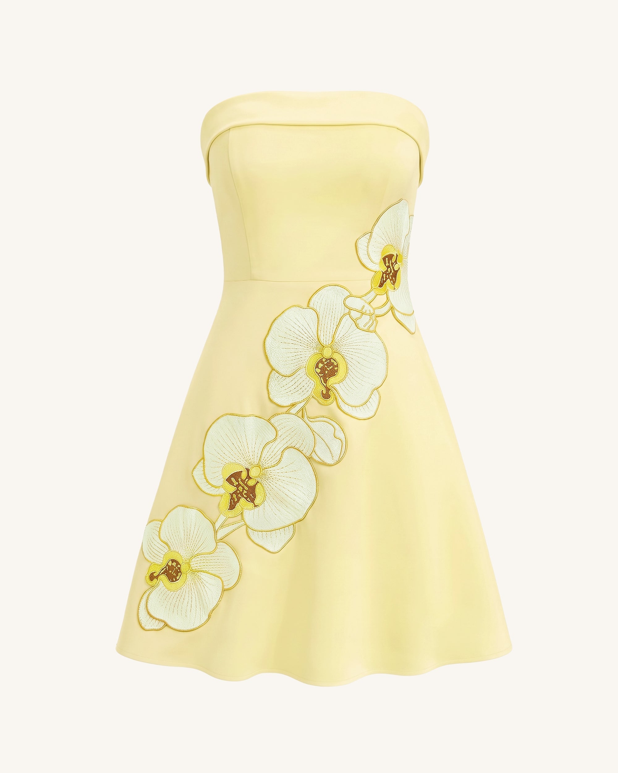 Orchid Embroidered Strapless A-Line Midi Dress - Pale Yellow