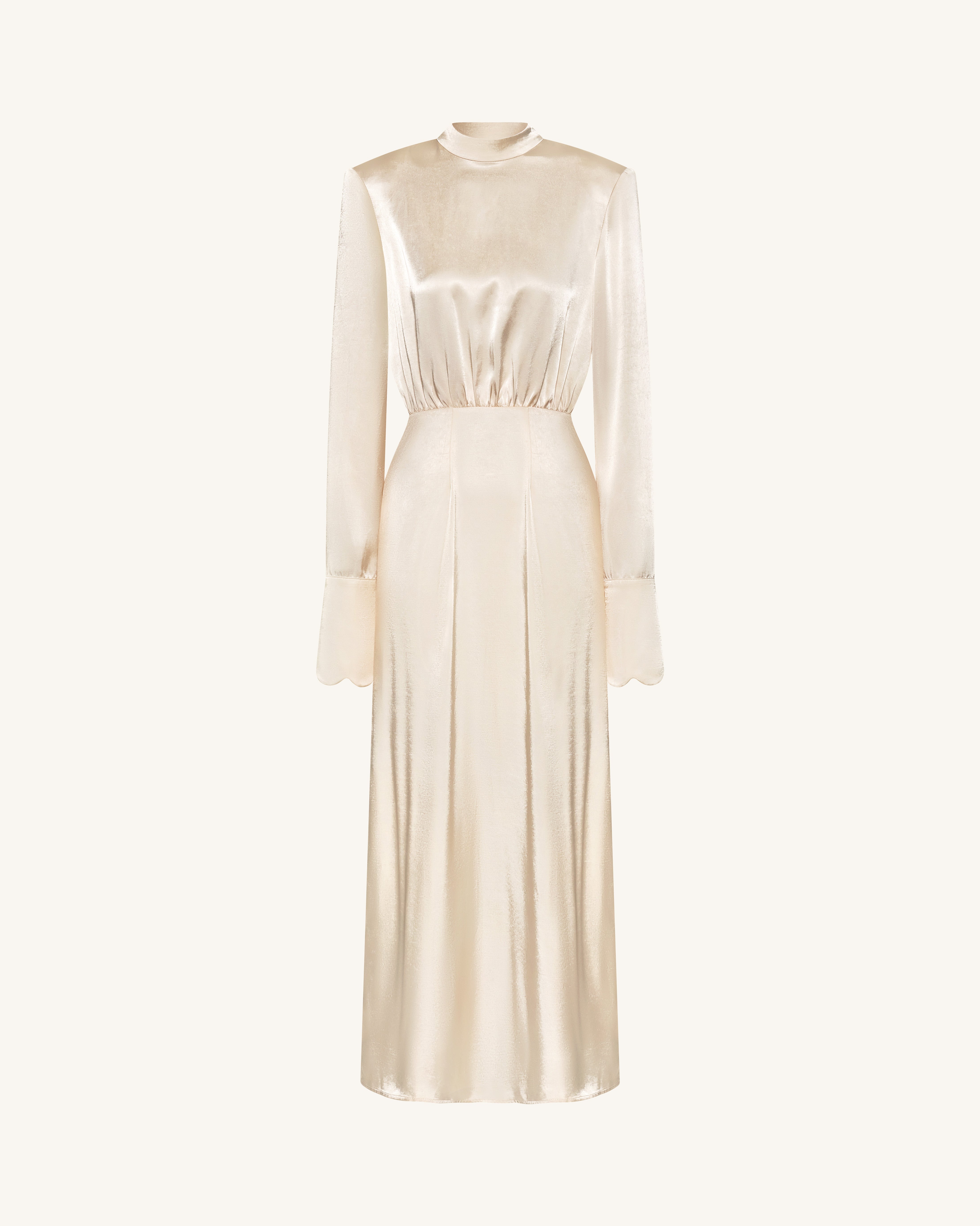 Structured Shoulder Design Satin High-Neck Fitted Maxi Dress - Cream