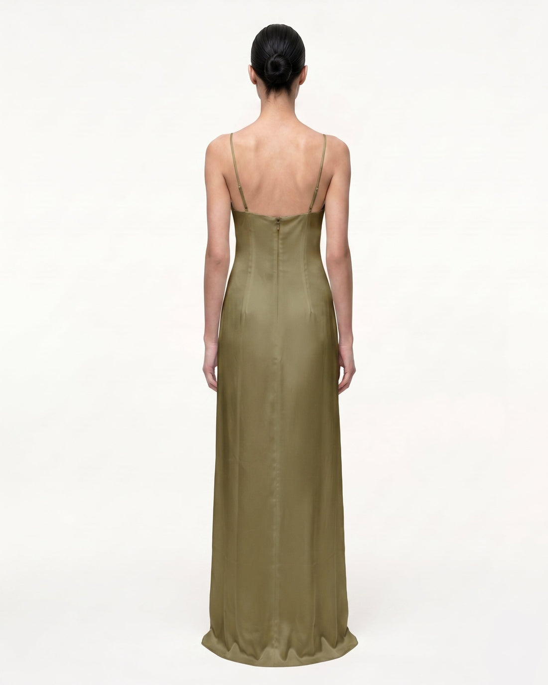 Iris Motif Satin Slip Gown - Olive Green