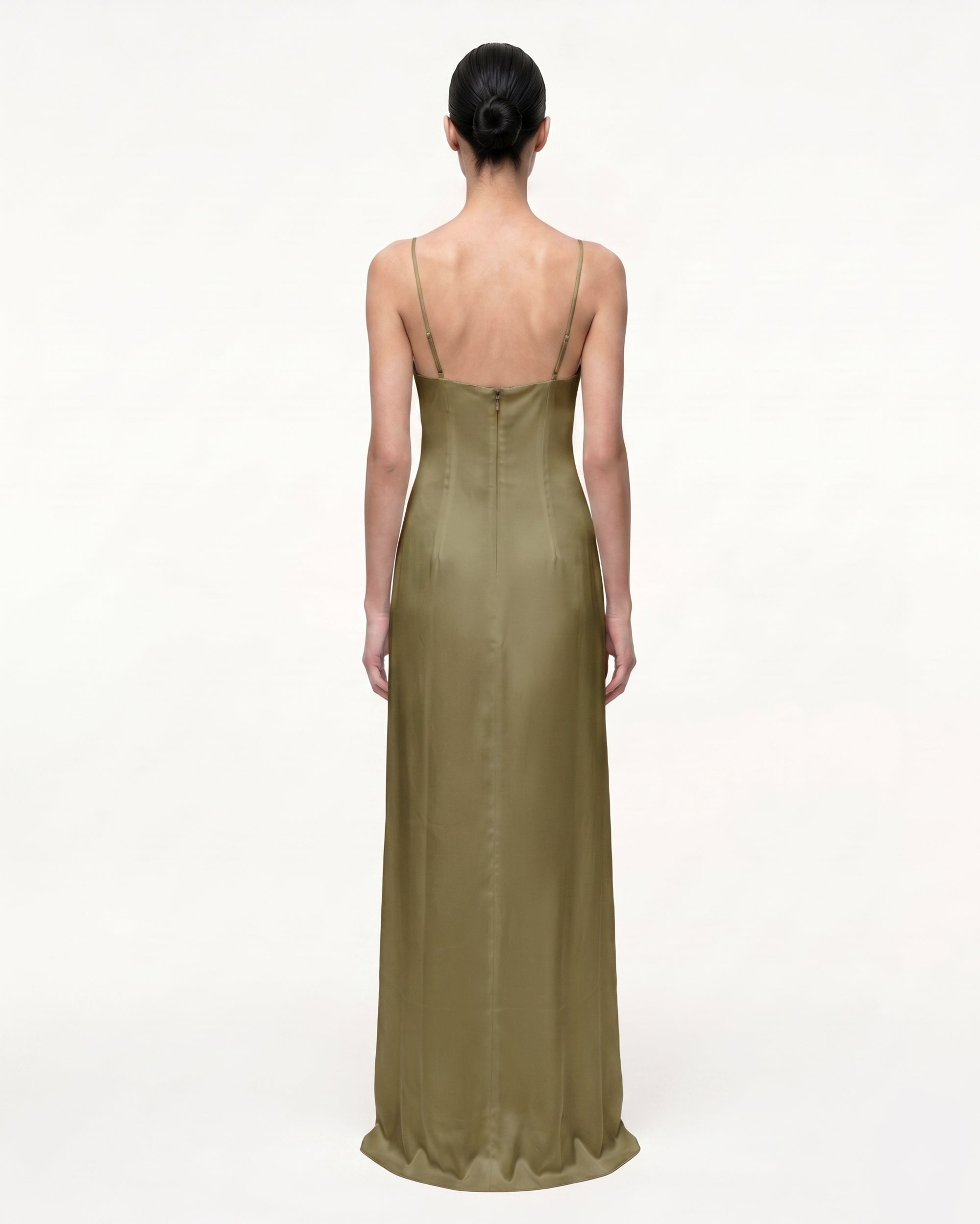 Iris Motif Satin Slip Gown - Olive Green