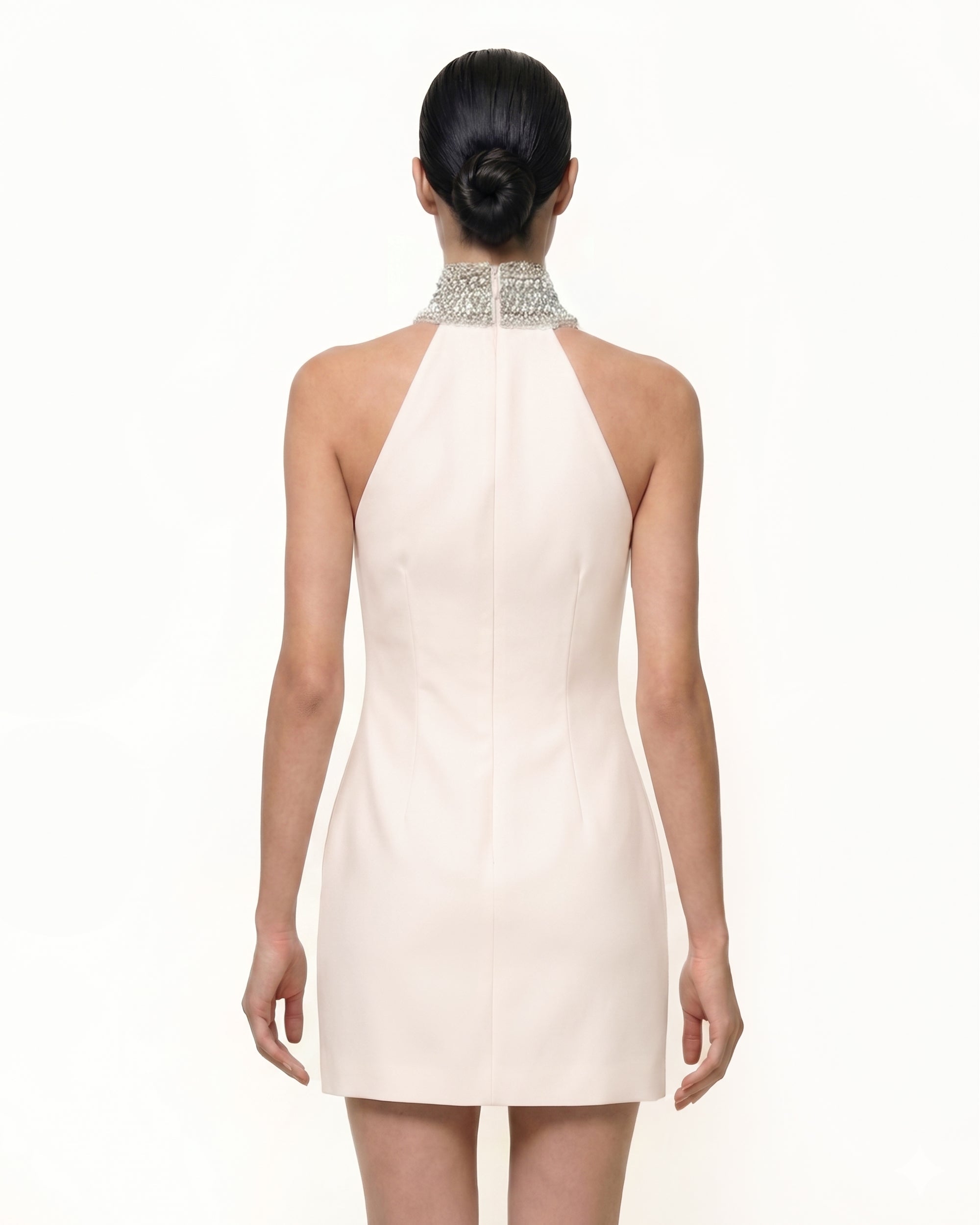 Jeweled Halter Iris Motif Dress - Ivory/Pink