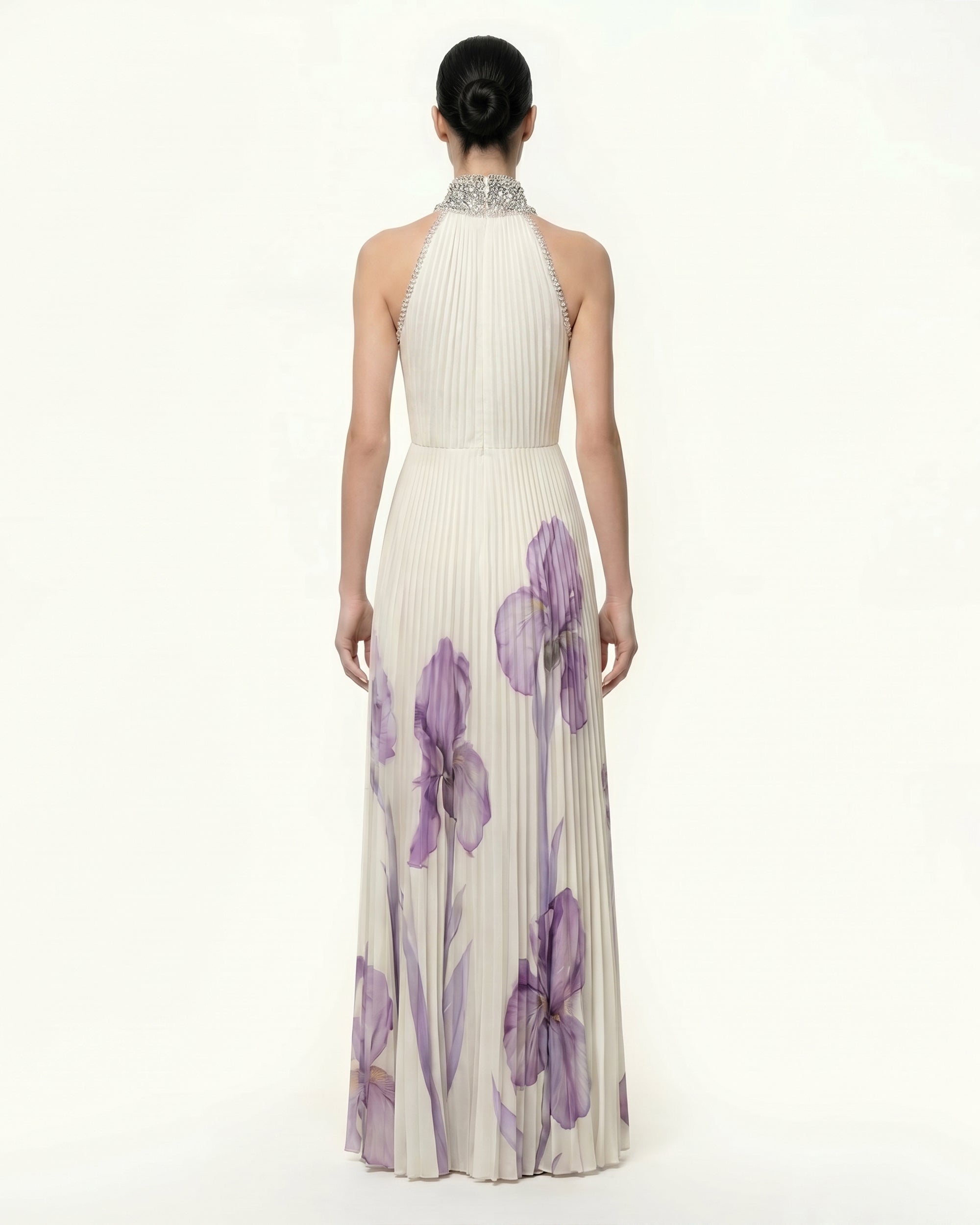 Jeweled-neck Halter Pleated Iris Print Maxi Dress - White/Purple