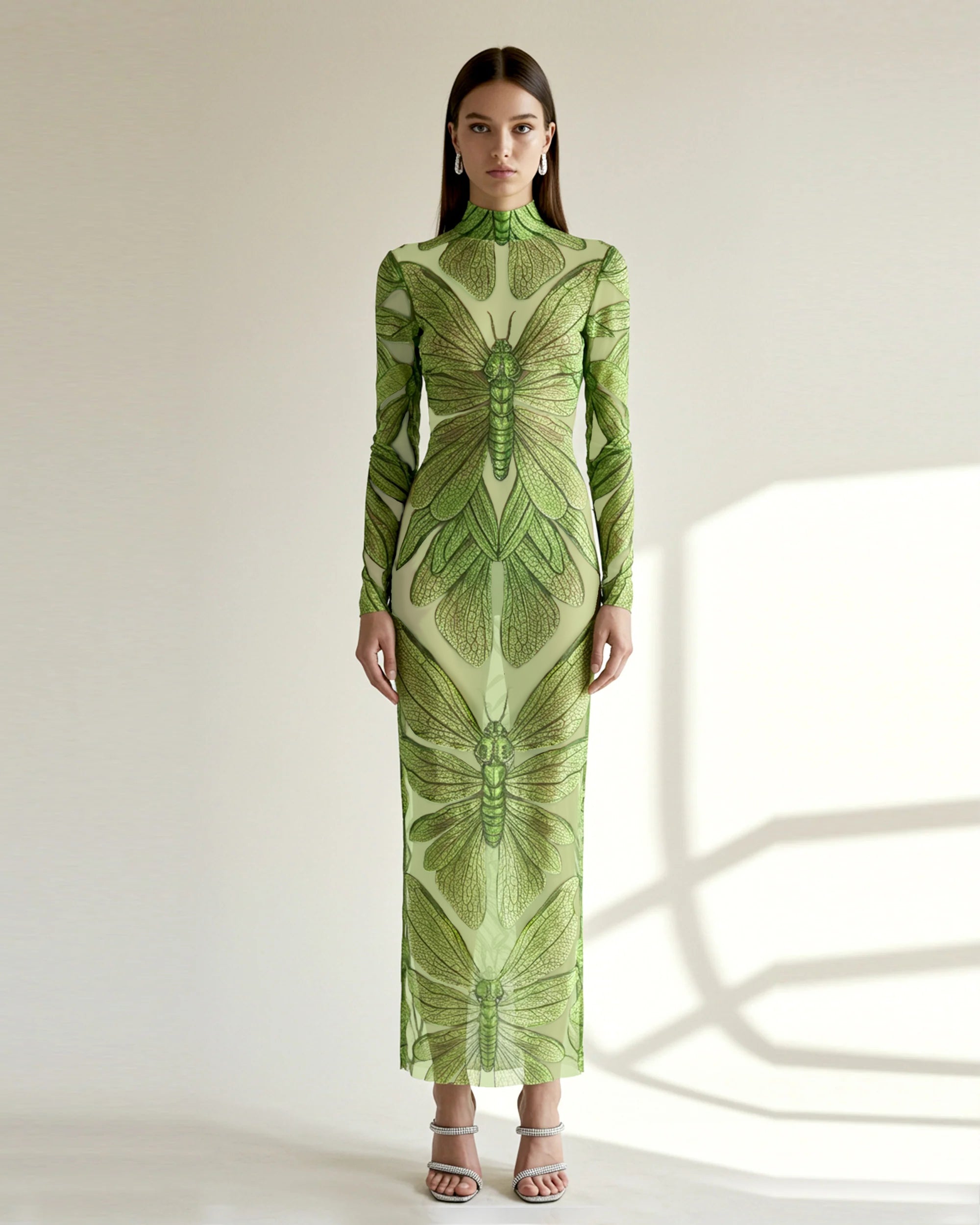 Emerald Dragonfly Sheer Mesh Gown - Green