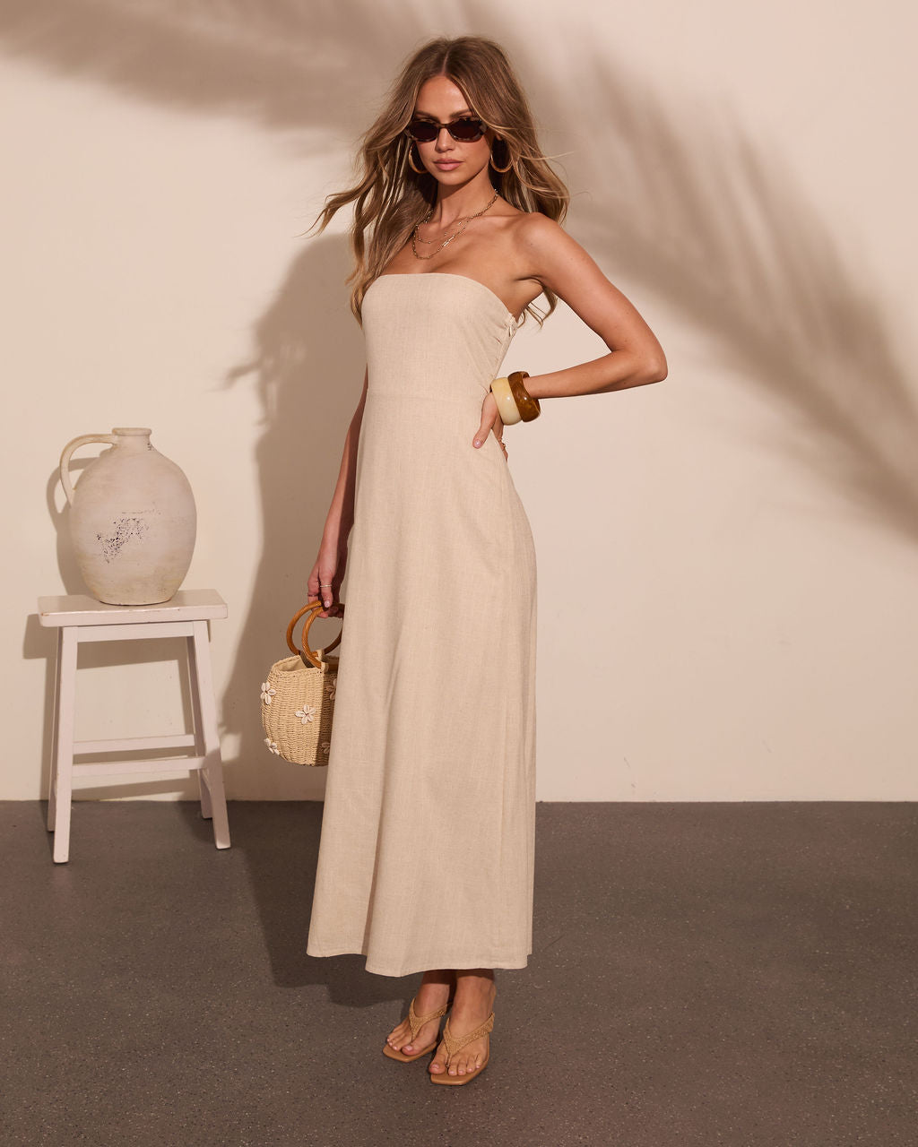 Quiet Coast Strapless Linen Blend Maxi Dress