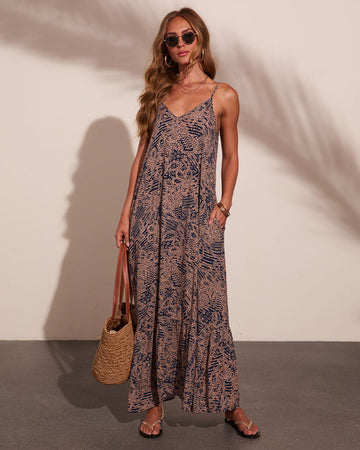 Softly Golden Abstract Print Maxi Dress