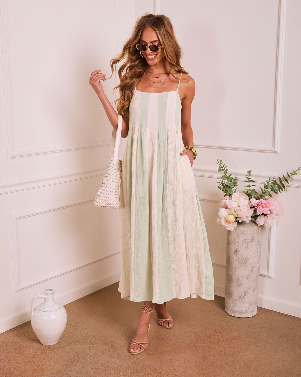 Dewy Meadow Striped Godet Maxi Dress
