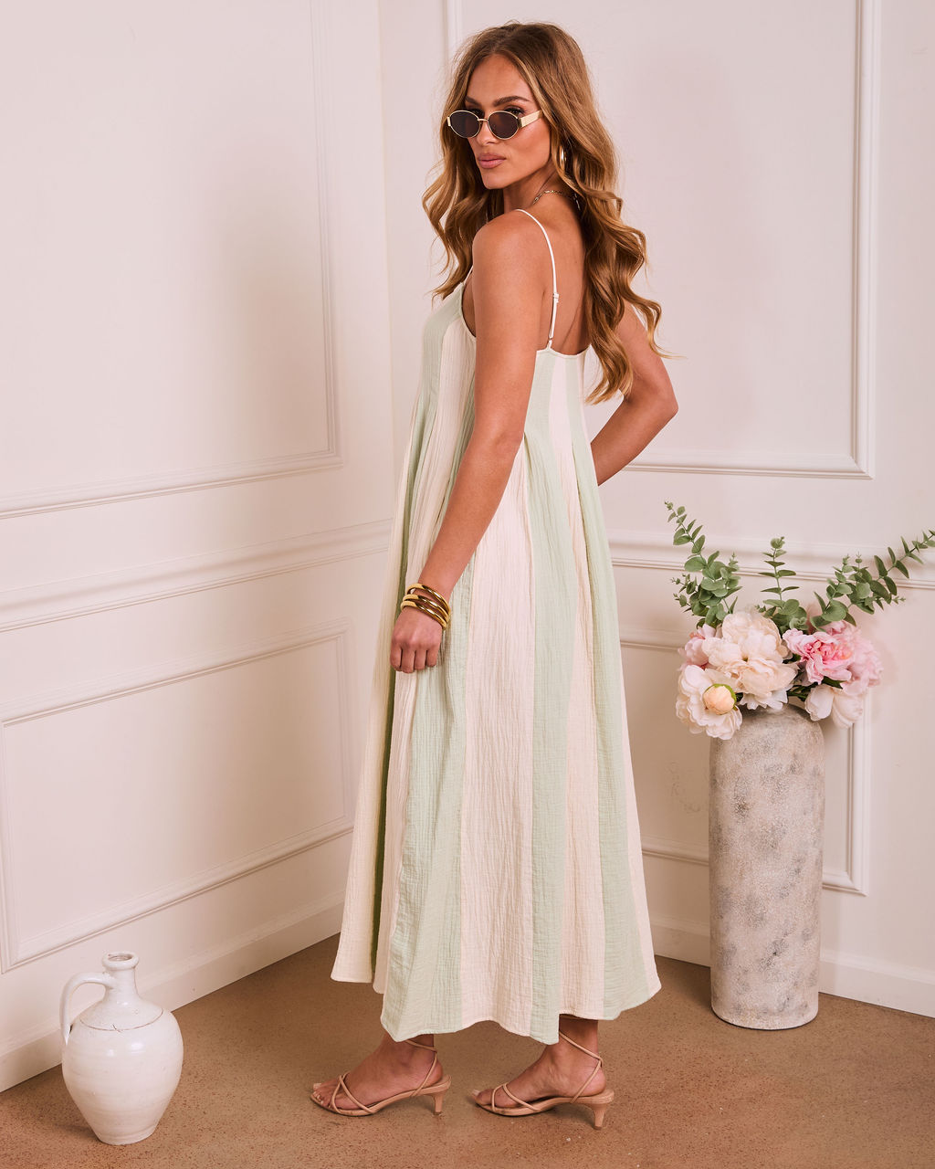 Dewy Meadow Striped Godet Maxi Dress