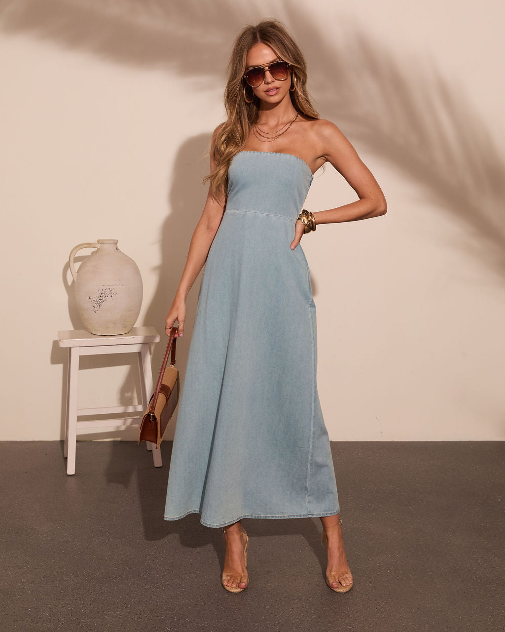 Rustic Honey Strapless Denim Maxi Dress