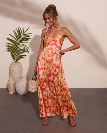 Sol Muse Floral Pleated Satin Maxi Dress