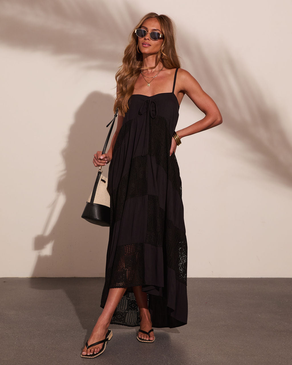 Evening Plans Crochet Panel High Low Maxi Dress