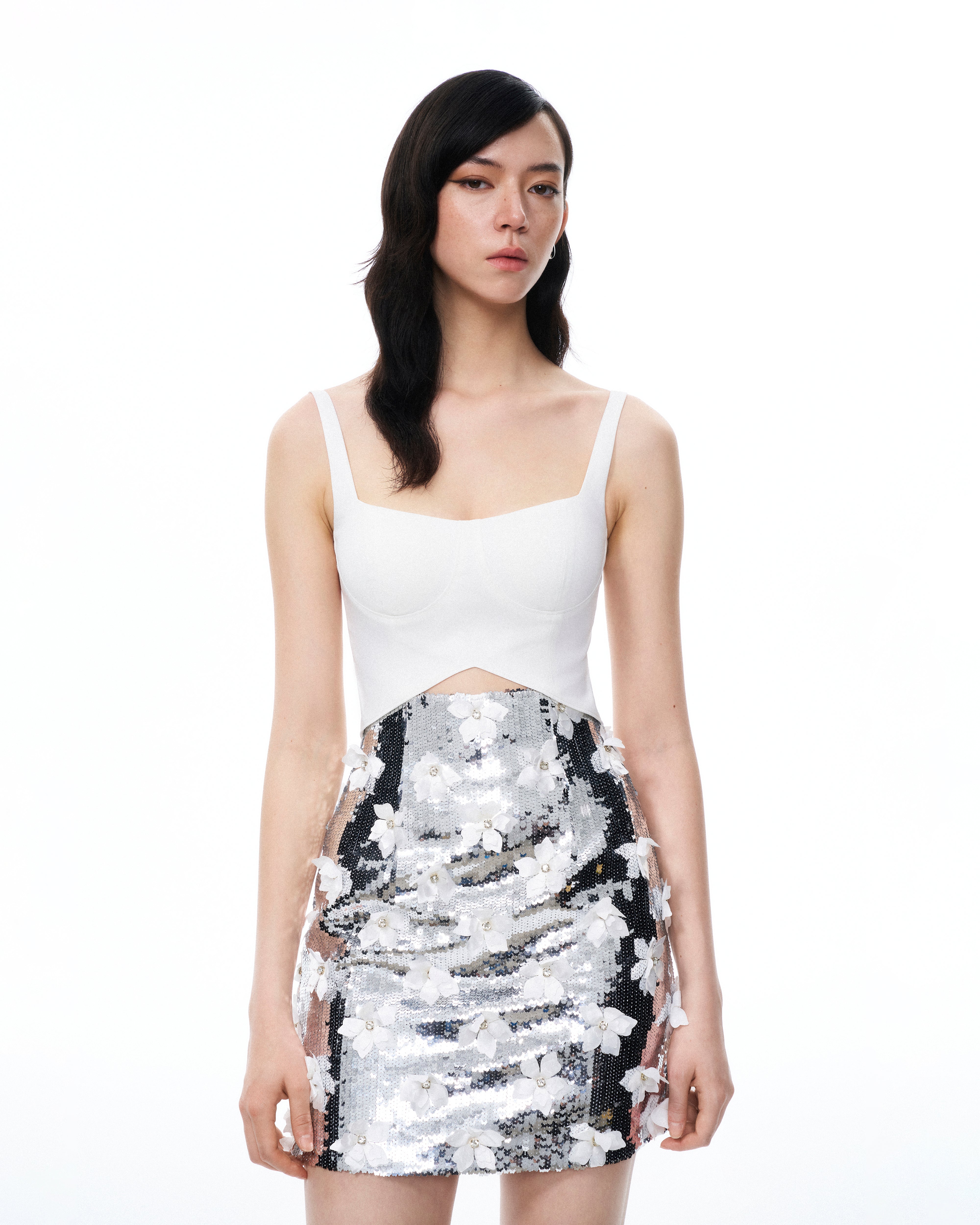 Arabella 3D Floral Sequin Embroidered Mini Dress - White