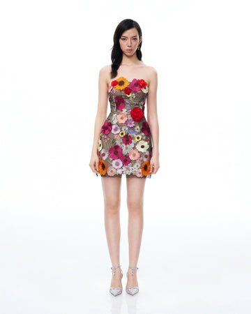 Cassian Floral Embroidered Mini Dress - Black Multi