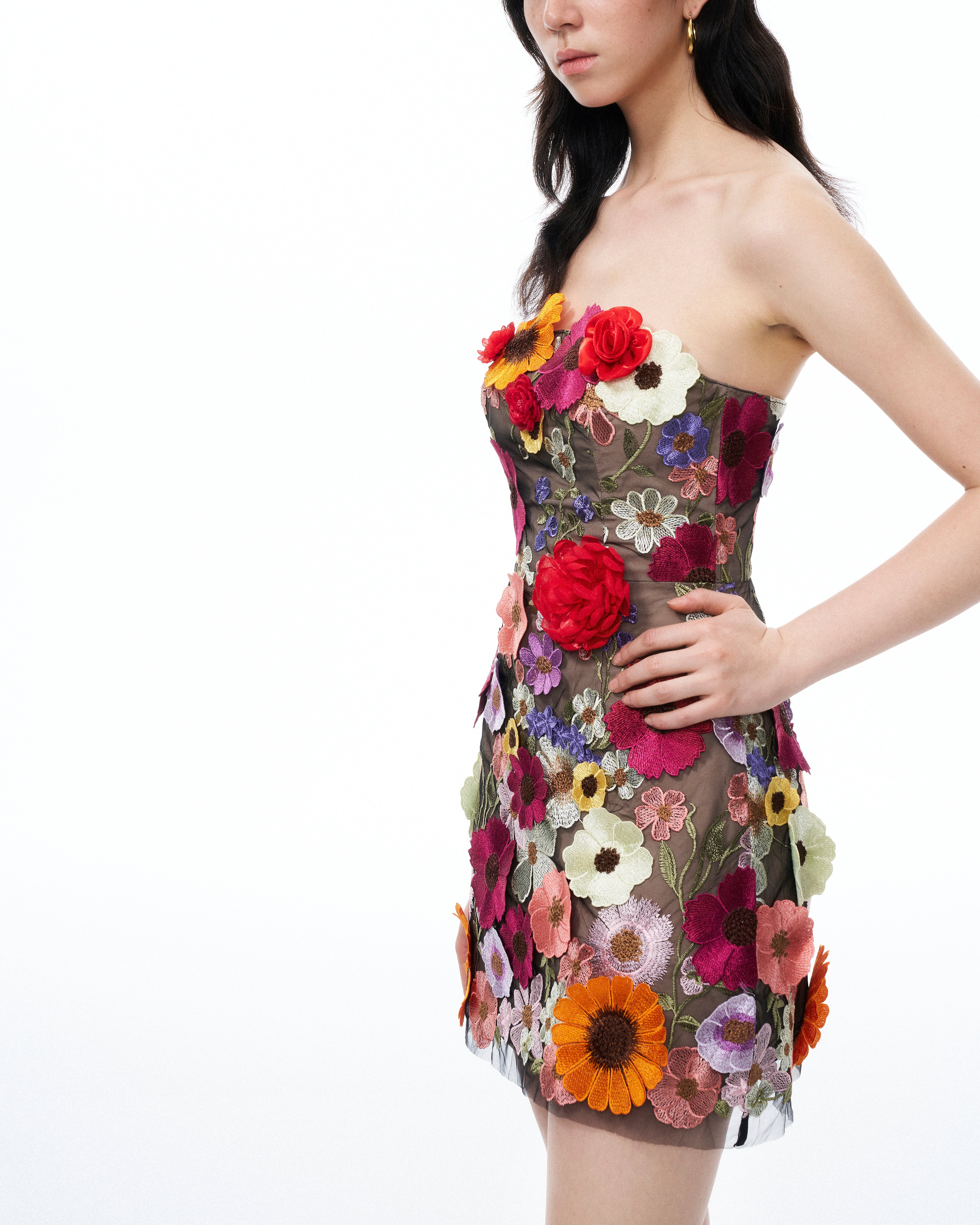 Cassian Floral Embroidered Mini Dress - Black Multi